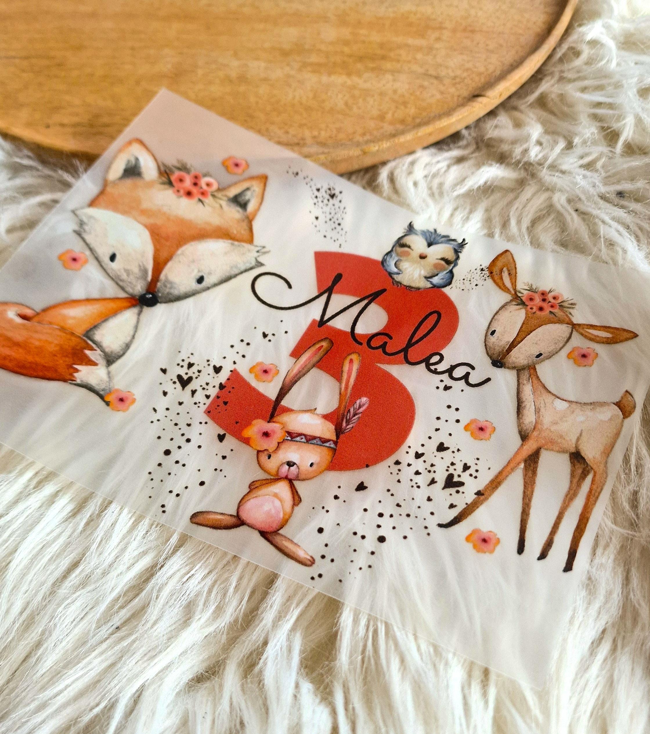 Bügelbild mit Wunschname und Alter personalisiert Fuchs Geburtstagsshirt Waldtiere Fuchs Reh Hase