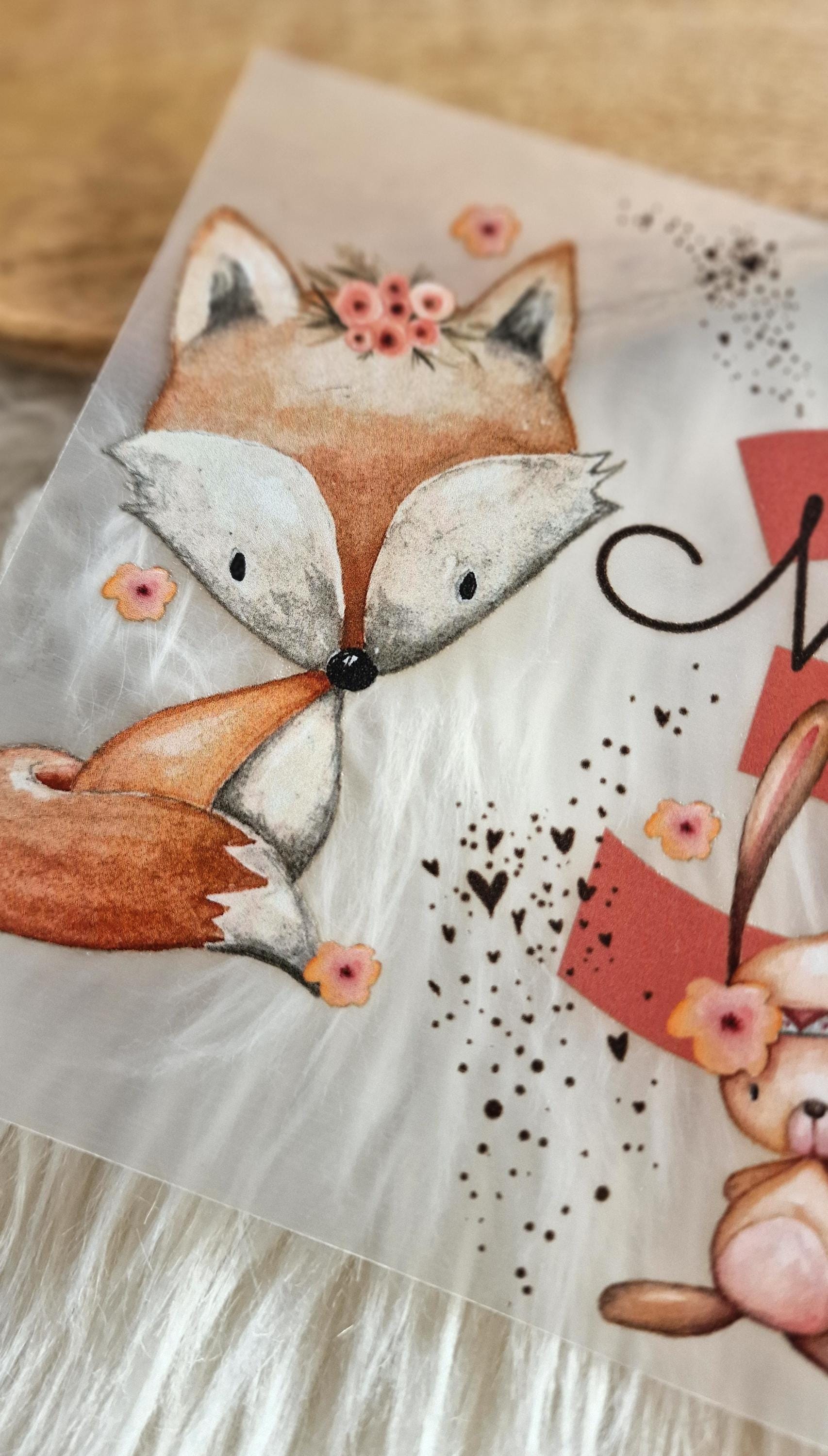 Bügelbild mit Wunschname und Alter personalisiert Fuchs Geburtstagsshirt Waldtiere Fuchs Reh Hase
