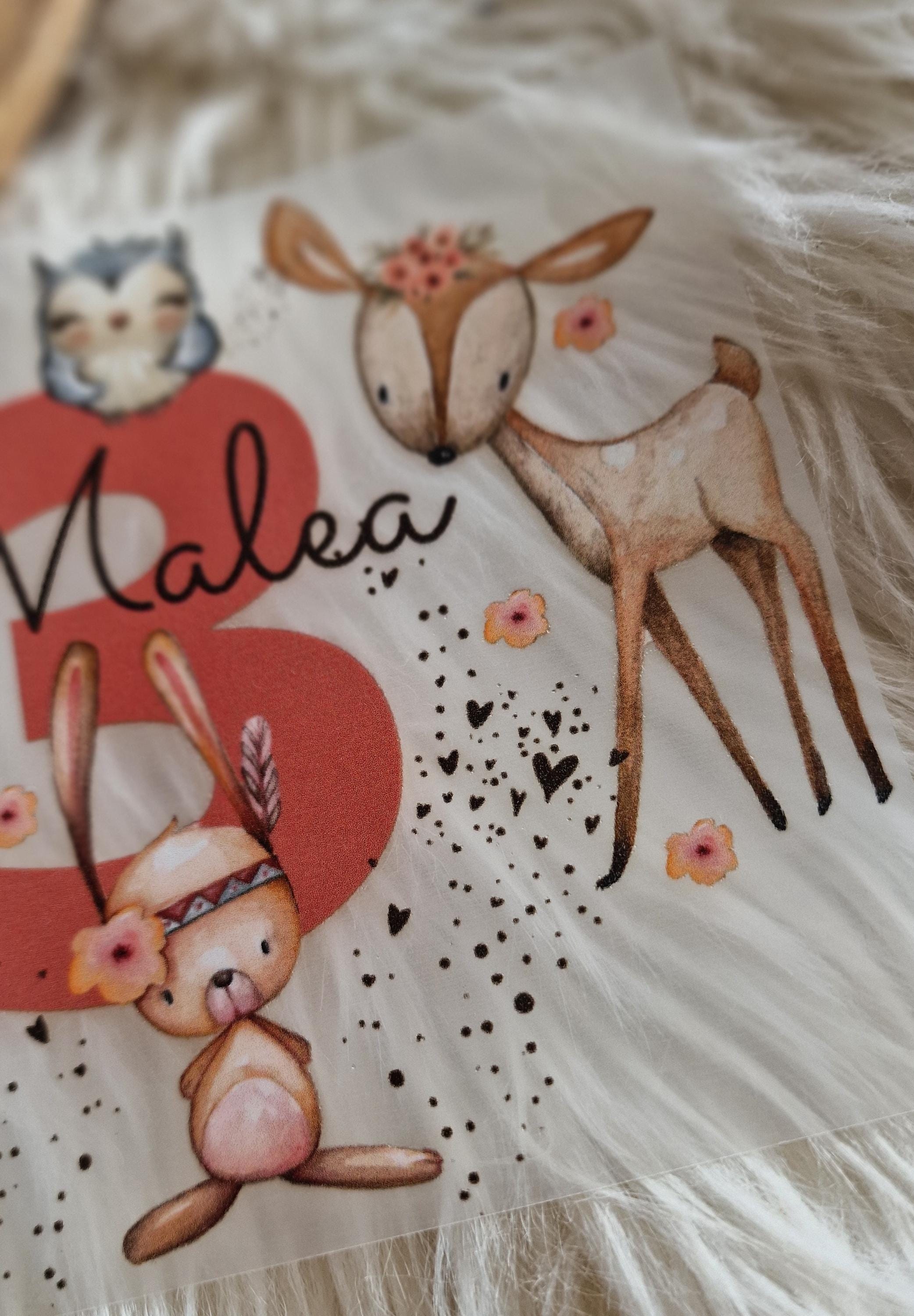 Bügelbild mit Wunschname und Alter personalisiert Fuchs Geburtstagsshirt Waldtiere Fuchs Reh Hase