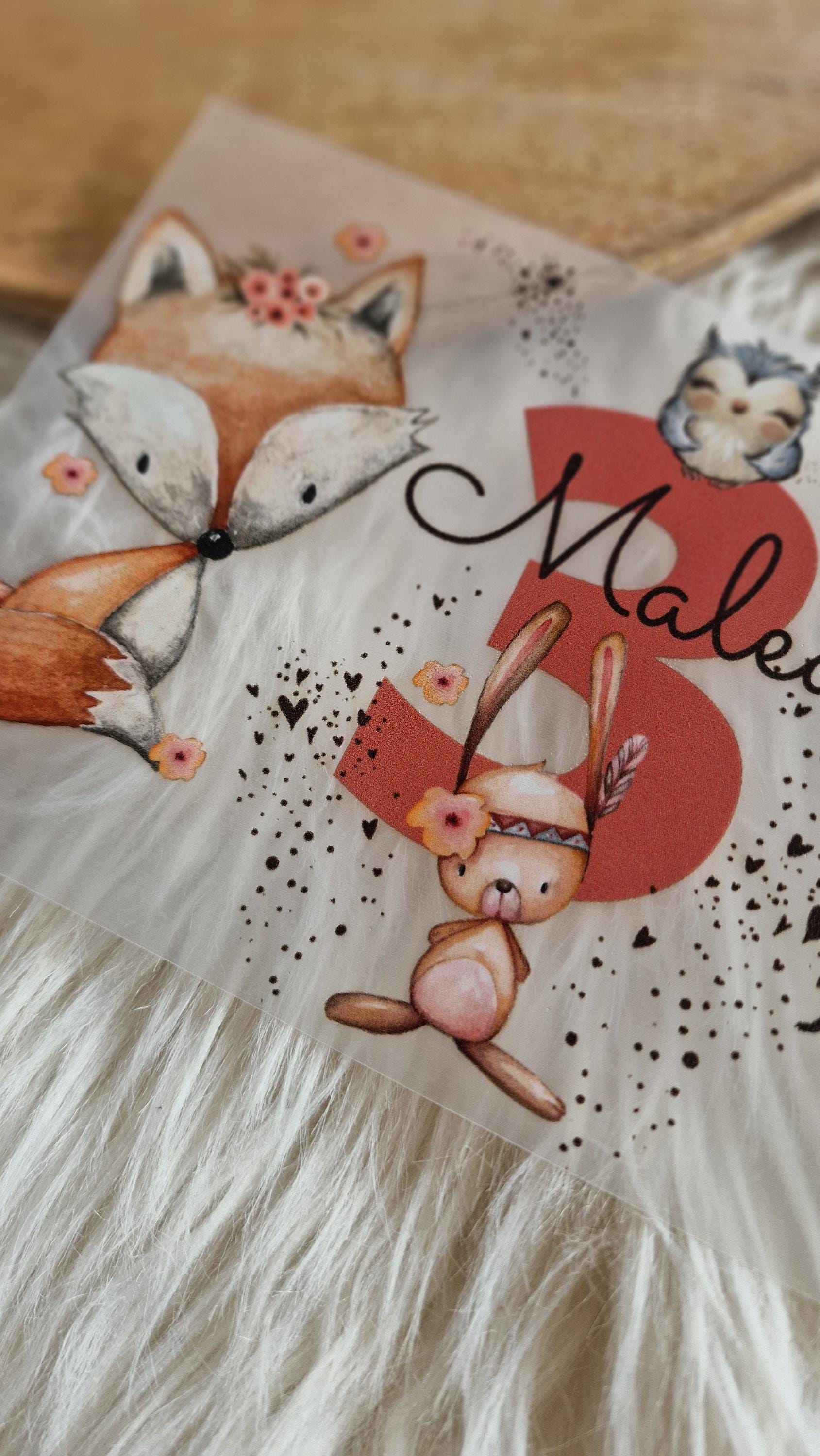 Bügelbild mit Wunschname und Alter personalisiert Fuchs Geburtstagsshirt Waldtiere Fuchs Reh Hase