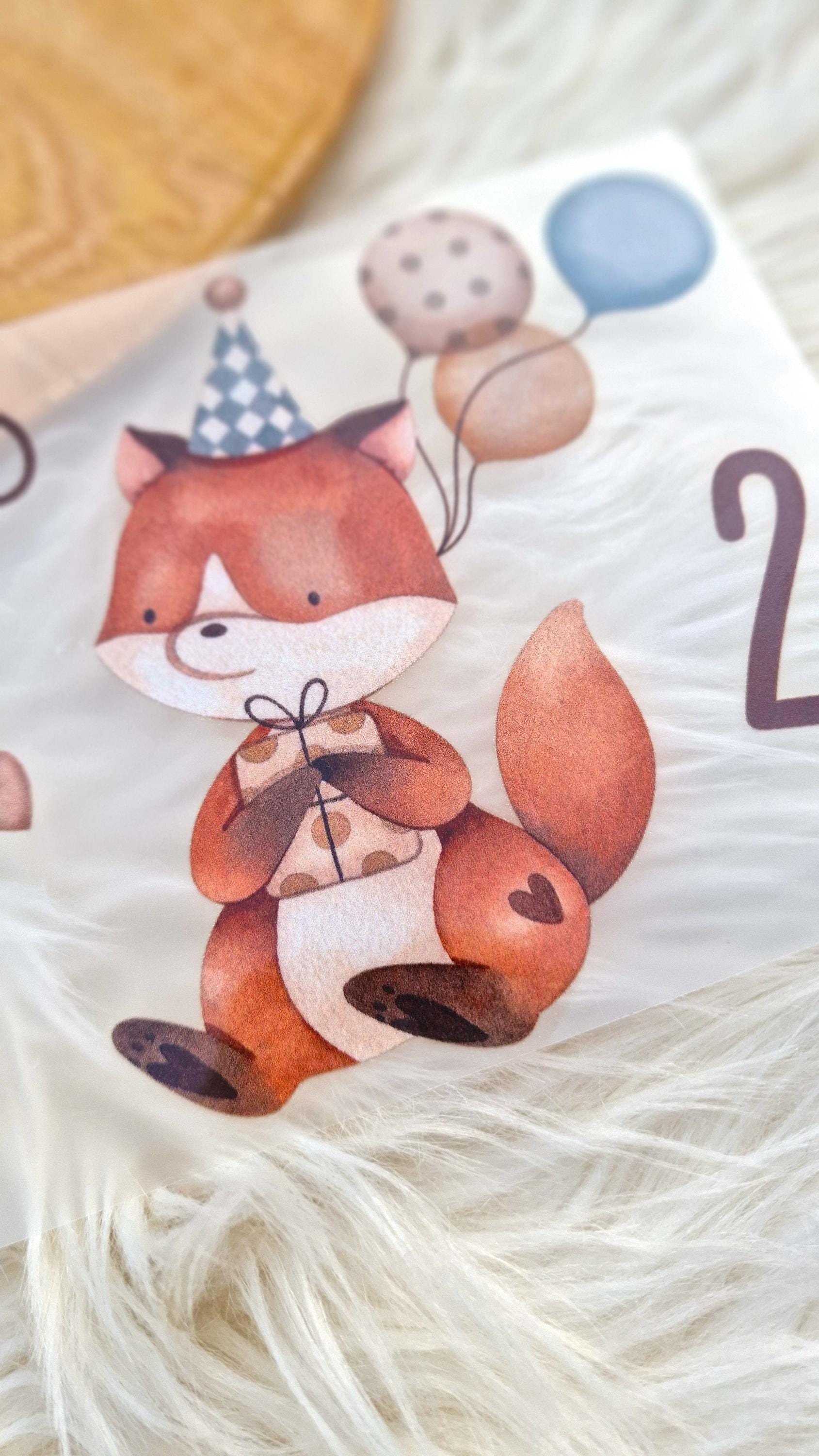 Bügelbild für bunte Stoffe mit Wunschname und Alter personalisiert Fuchs Geburtstagsshirt Waldtiere Party Luftballon