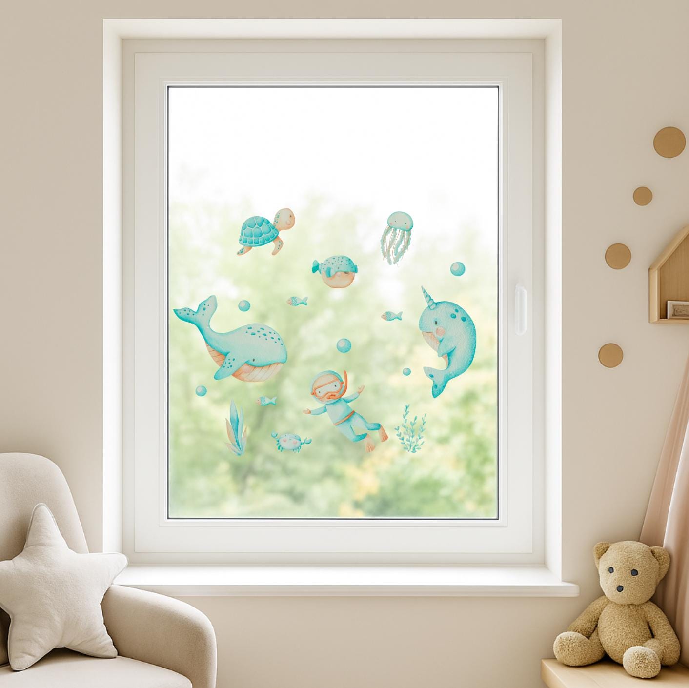 Fensterbild Unterwasserwelt Türkis – Wal Narwal Qualle Fische – zimmer Deko wiederverwendbar ohne Kleber – A4 A3 A2 – ablösbar –