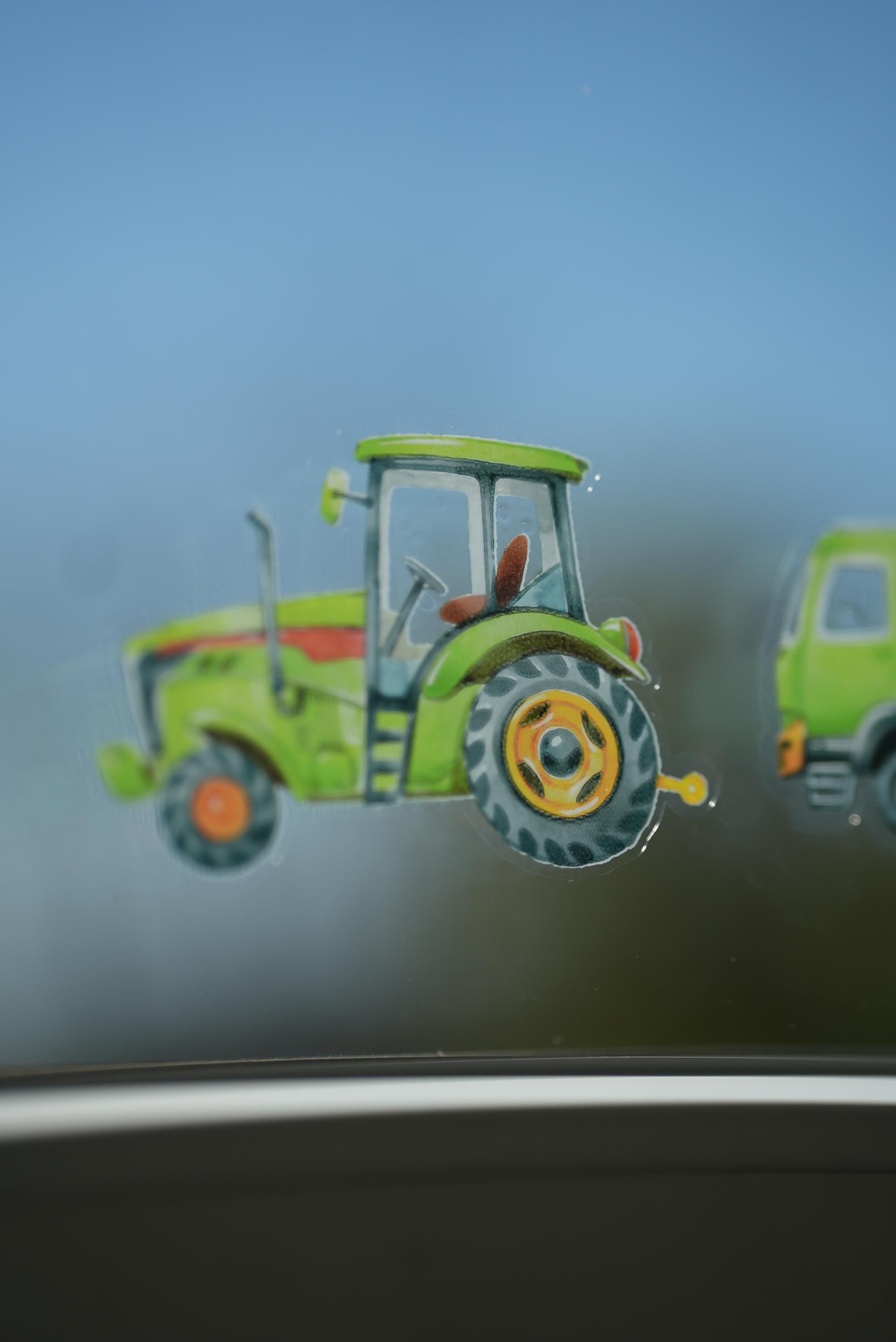 Fensterbild Bagger grün – Traktor Fenstersticker zimmer – Baustellenfahrzeuge statisch haftend –