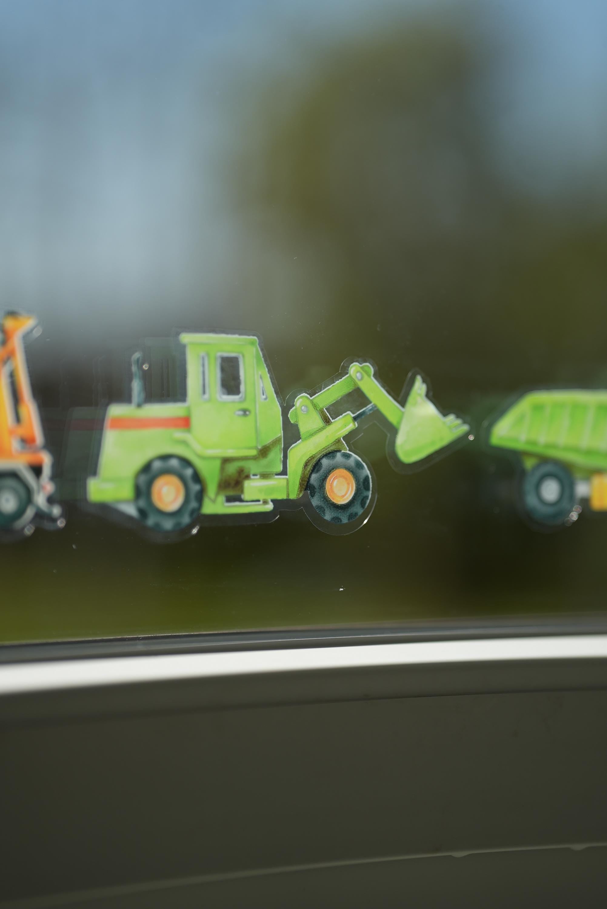 Fensterbild Bagger grün – Traktor Fenstersticker zimmer – Baustellenfahrzeuge statisch haftend –