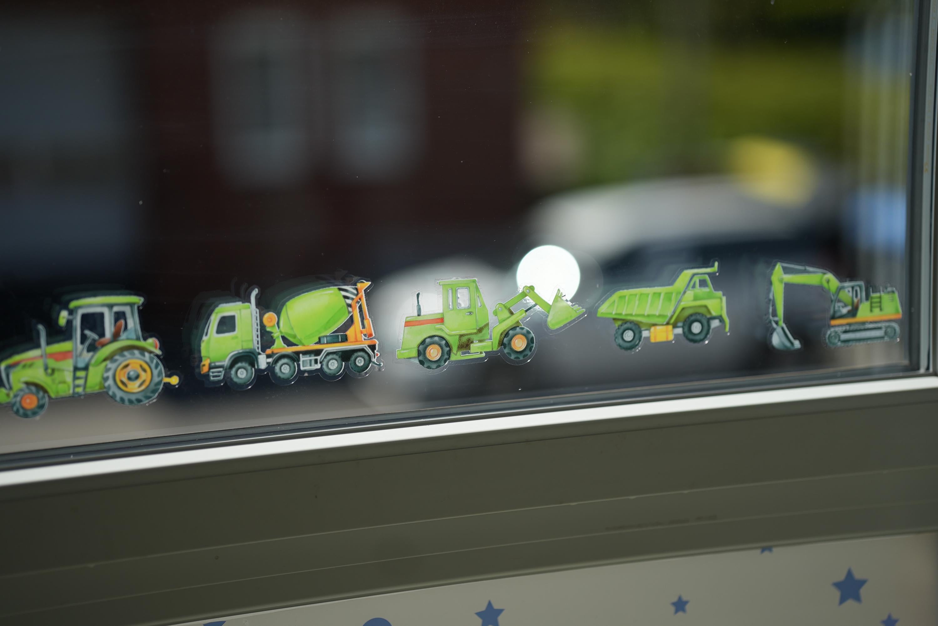 Fensterbild Bagger grün – Traktor Fenstersticker zimmer – Baustellenfahrzeuge statisch haftend –