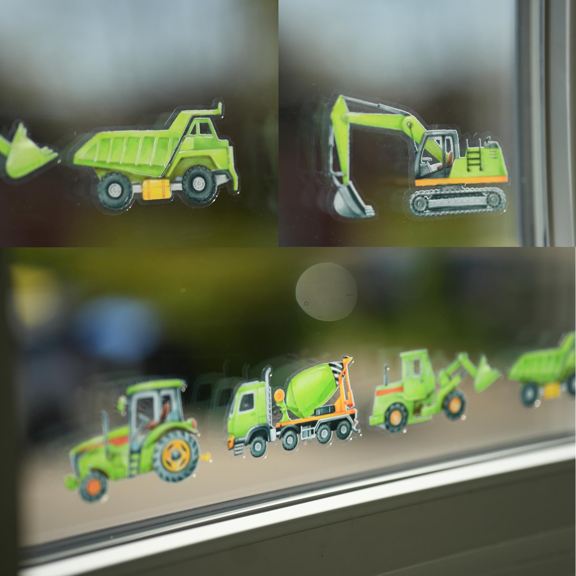 Fensterbild Bagger grün – Traktor Fenstersticker zimmer – Baustellenfahrzeuge statisch haftend –