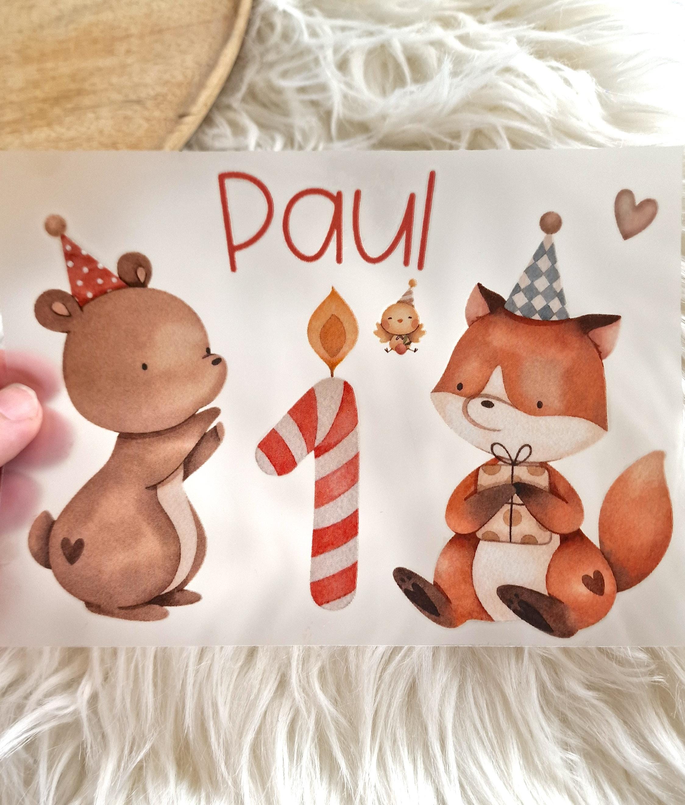 Bügelbild 1. Geburtstag Fuchs & Bär – personalisiert mit Name und Zahl – Aufbügler für bunte und weiße -Shirts – DTF Applikation DIY – Appliques & Patches