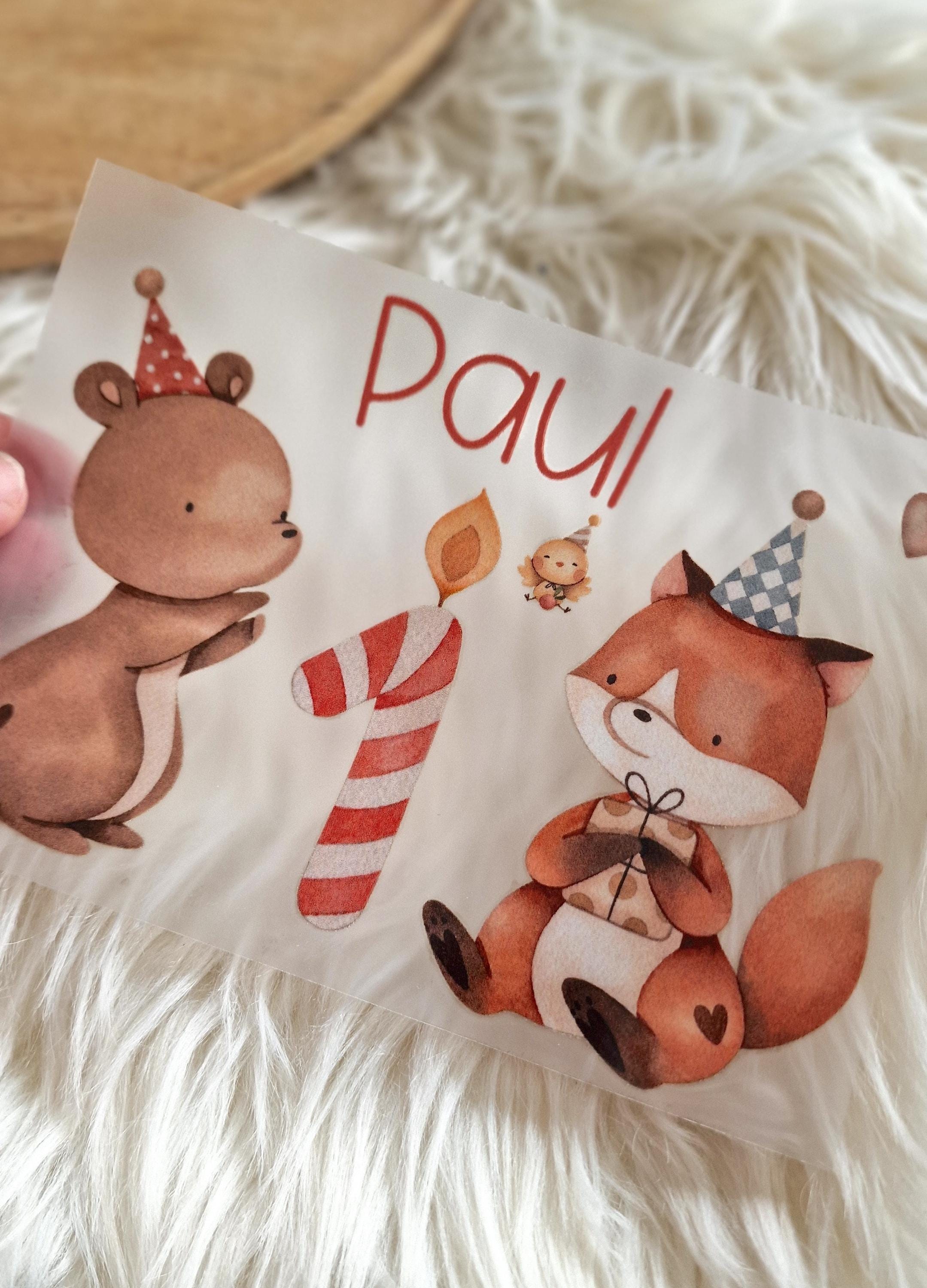 Bügelbild 1. Geburtstag Fuchs & Bär – personalisiert mit Name und Zahl – Aufbügler für bunte und weiße -Shirts – DTF Applikation DIY – Appliques & Patches