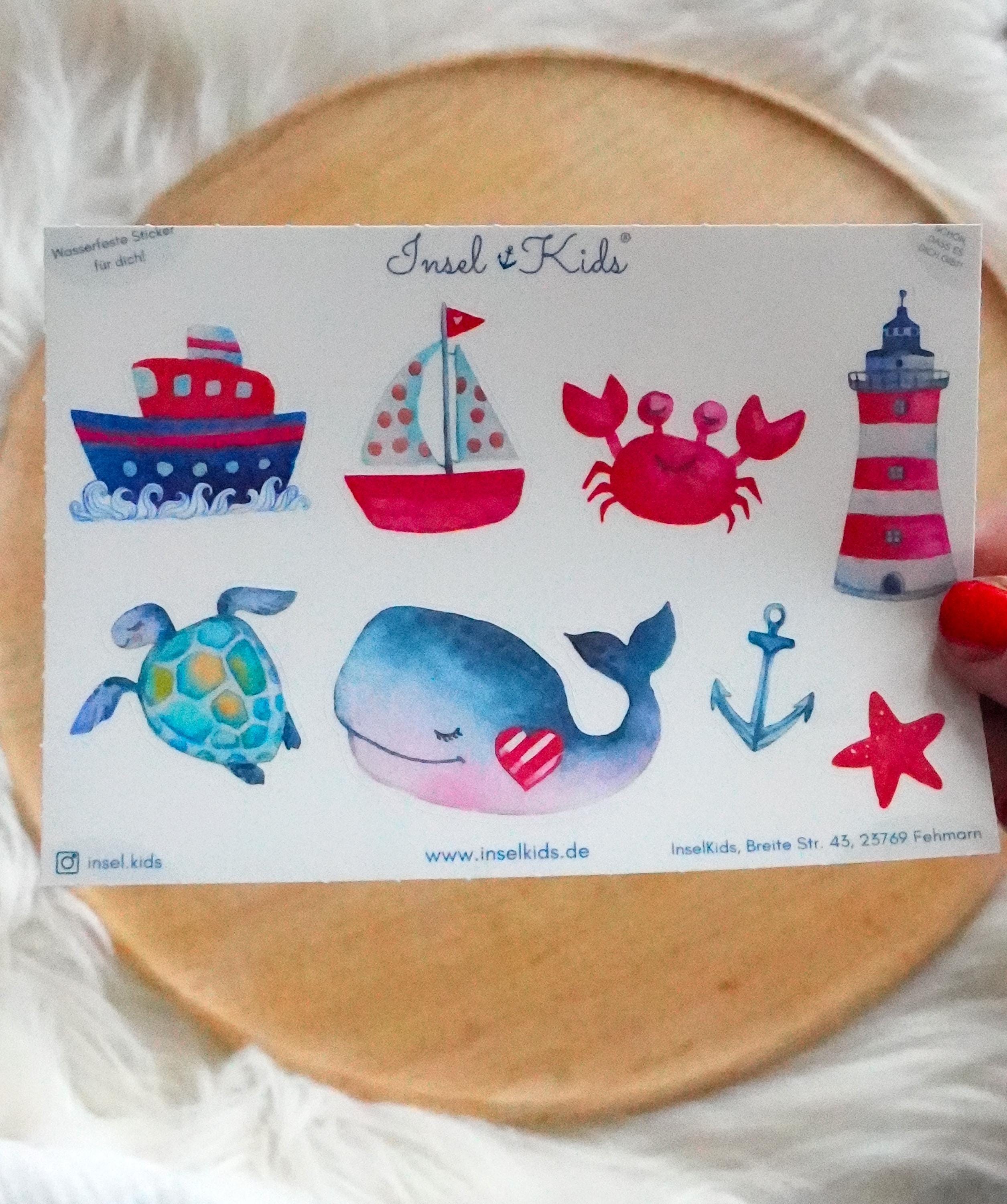 Wasserfeste Vinyl-Aufkleber Set mit Wal, Leuchtturm, Krabbe & Schiff – für Fahrräder, Trinkflaschen, Brotdosen und mehr (spülmaschinenfest)