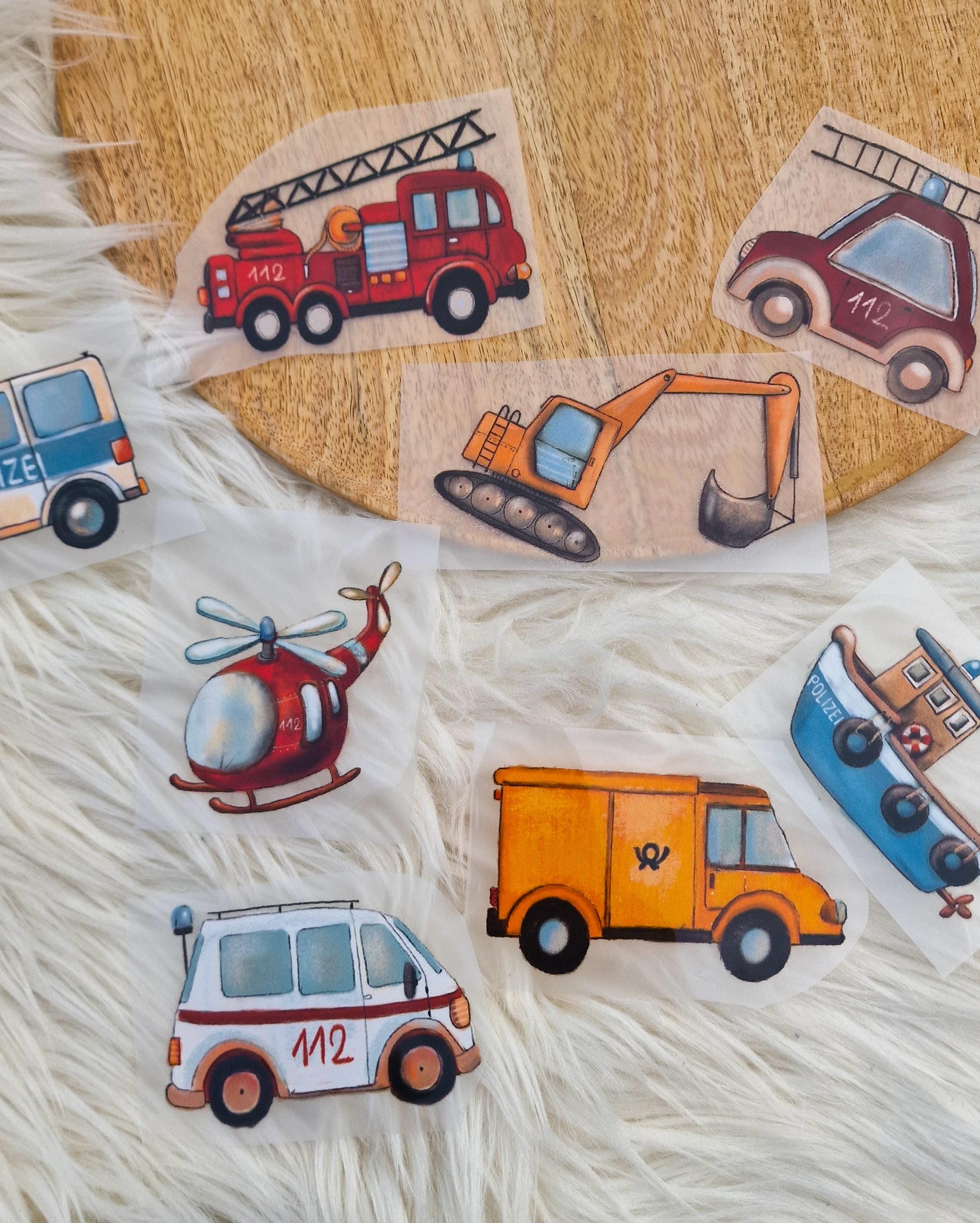Set Bügelbild Feuerwehr Polizei Applikation Fahrzeuge Autos Dschungeltiere Waldtiere zum Veredeln von Shirts Hosen Kleidung DTF Druck