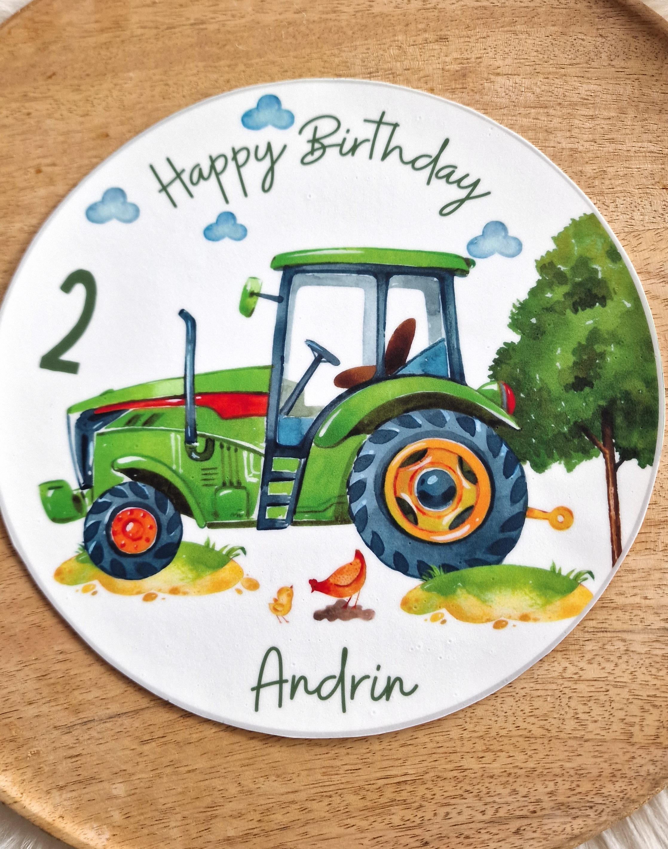 Tortenaufleger grüner Traktor – mit Name & Zahl – Bauernhof Geburtstag – Fondantbild essbar 20 cm – Party Decor