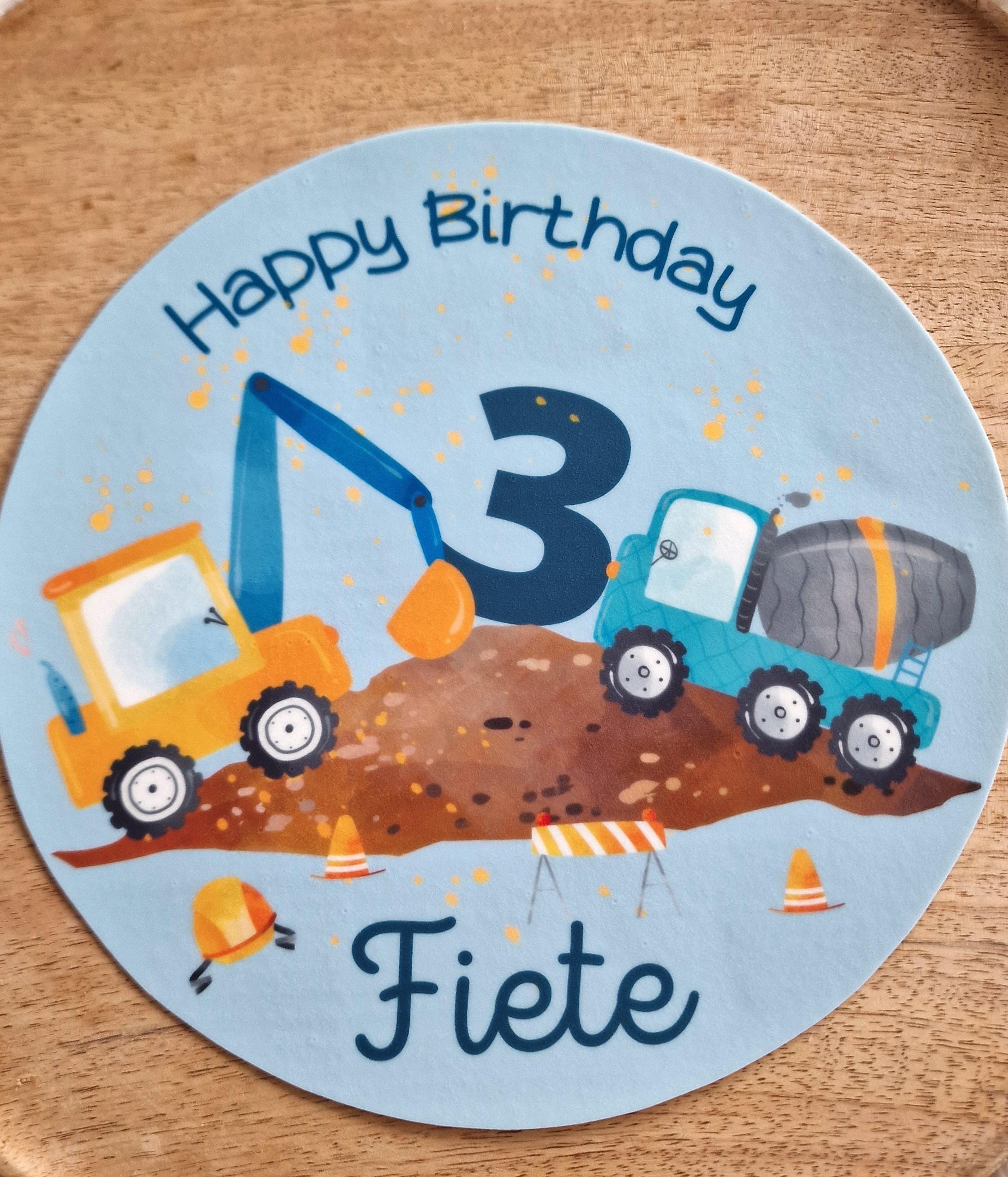 Tortenaufleger Radlader & Betonmischer – personalisiert mit Name und Alter – Fondantbild in Blau – Baustellenparty für den geburtstag – Party Decor