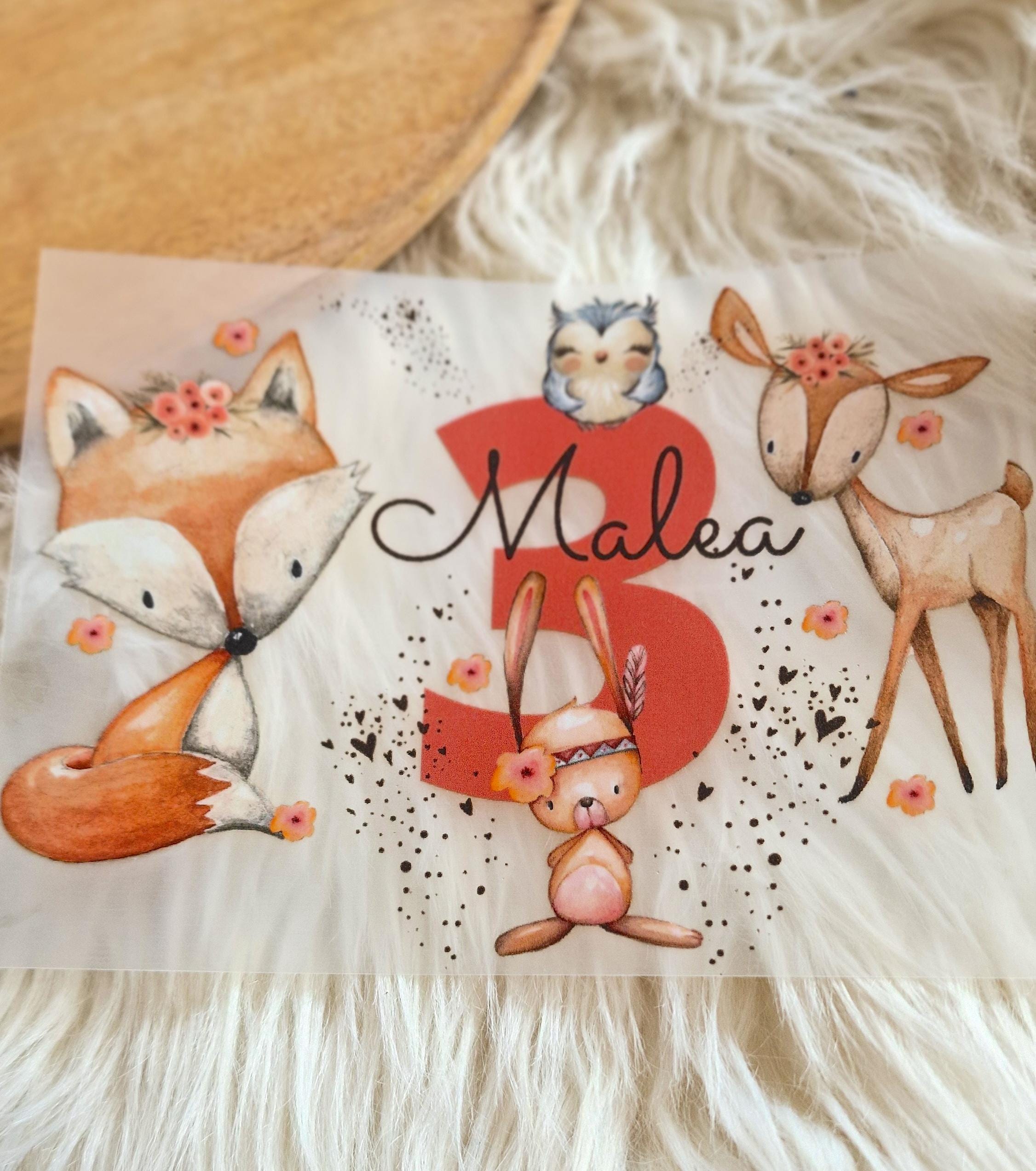 Bügelbild mit Waldtieren: Fuchs, Reh, Hase – personalisiert mit Name und Alter – ideal für Geburtstagsshirts für Kinder