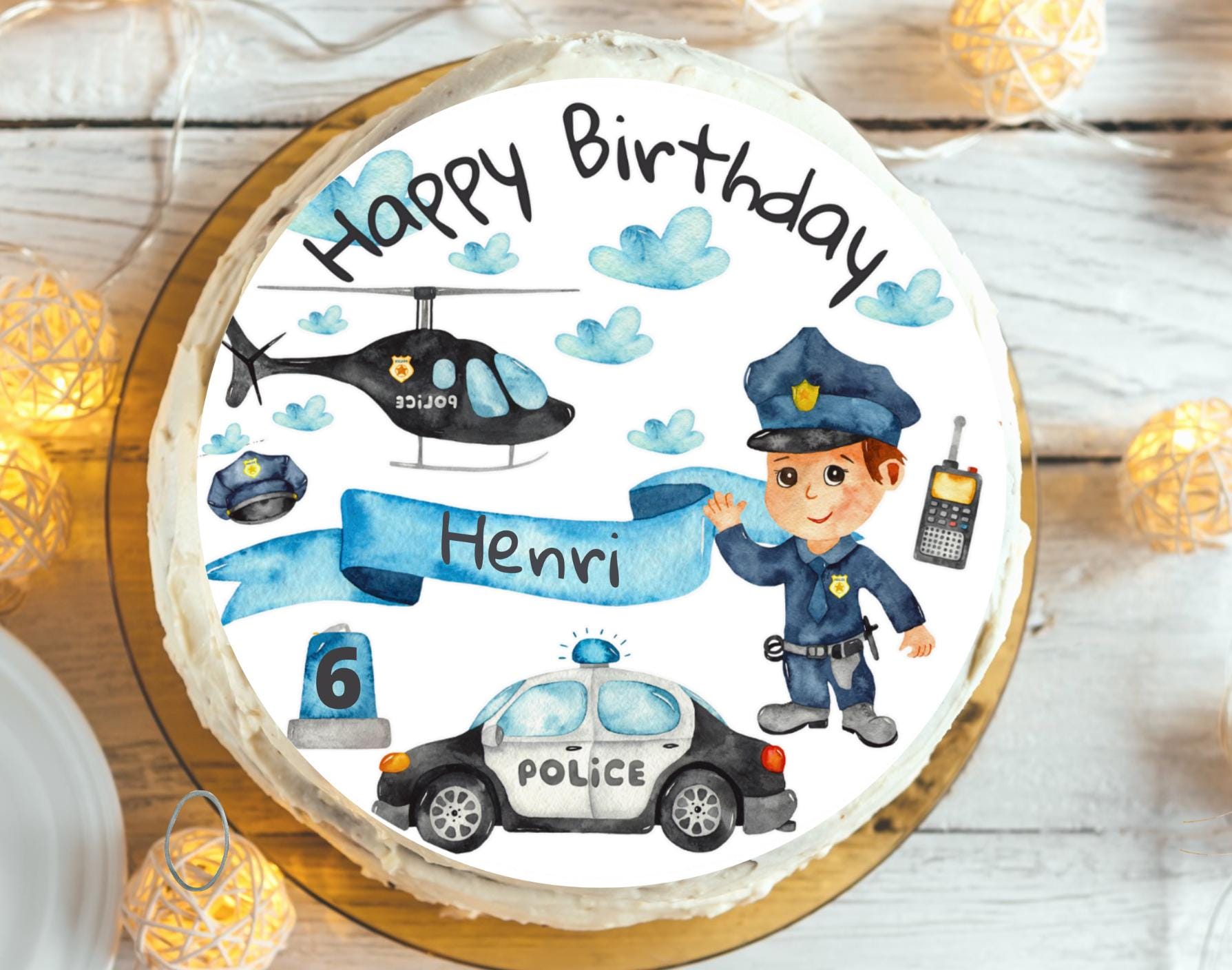 Tortenaufleger Polizei personalisiert – Fondantbild mit Name & Alter – Geburtstag – Kuchenbild – Polizei-Motto 20 cm – Party Decor