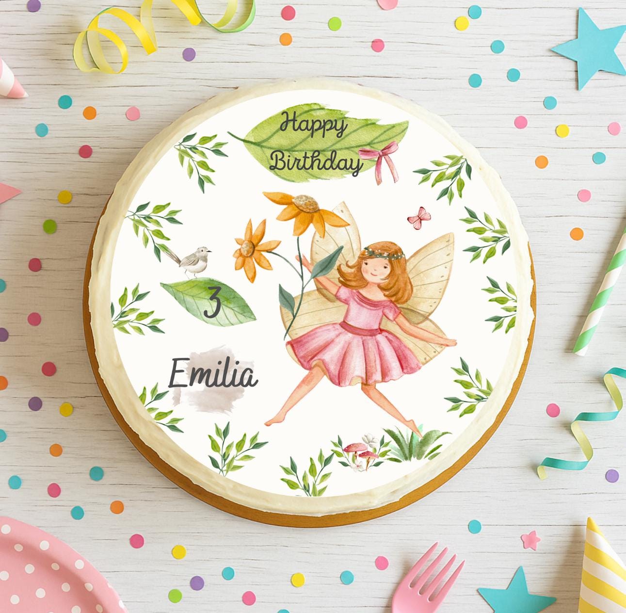 Tortenaufleger Fee Elfe – Fondantbild personalisiert mit Name & Alter – Geburtstag – rund 20 cm – Motto Elfenparty – Party Decor
