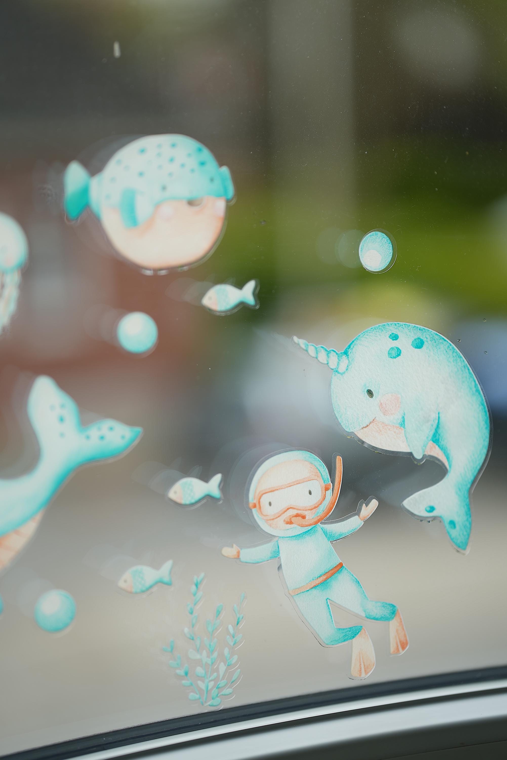 Fensterbild Unterwasserwelt Türkis – Wal Narwal Qualle Fische – zimmer Deko wiederverwendbar ohne Kleber – A4 A3 A2 – ablösbar –