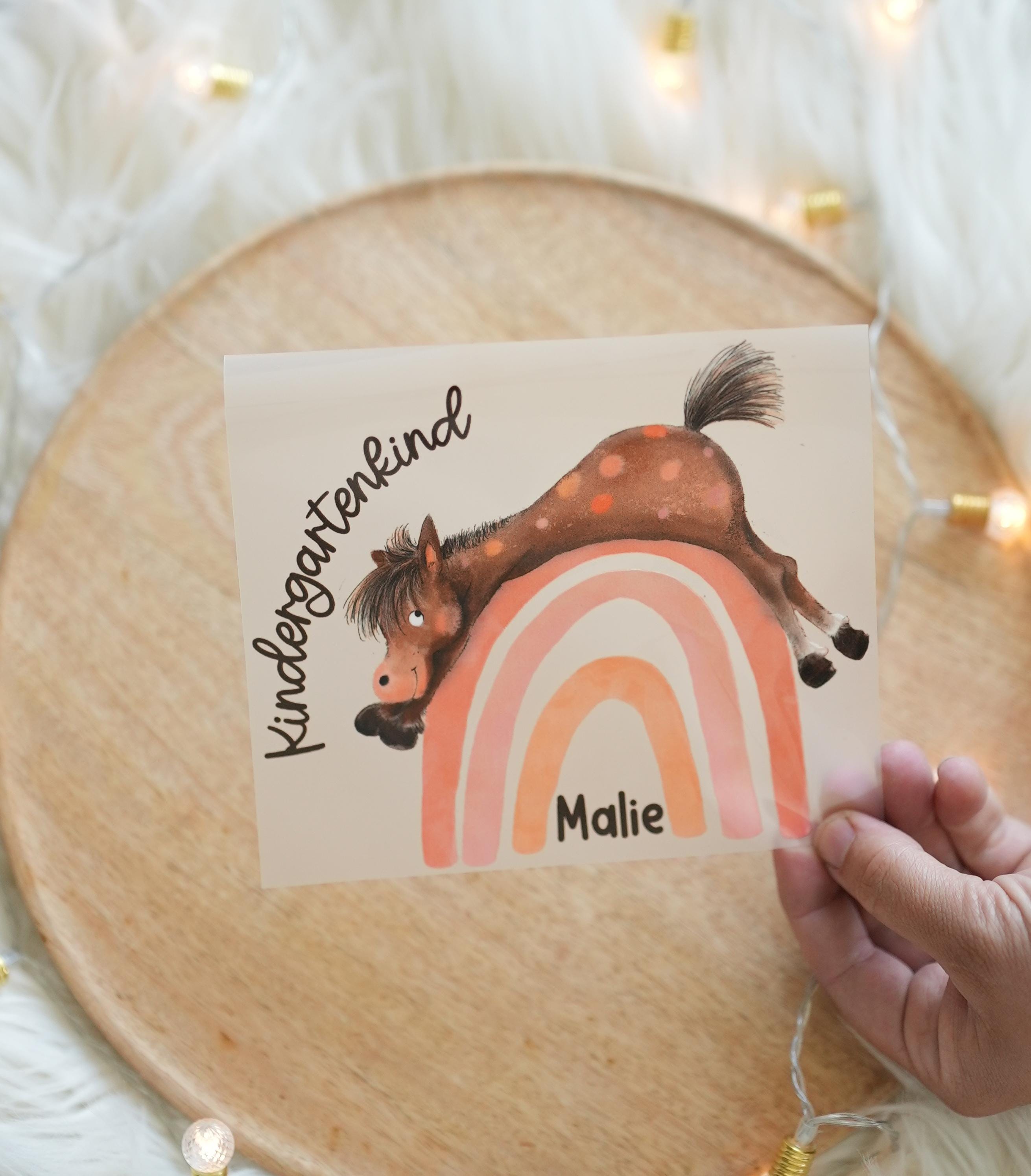 Bügelbild garten personalisiert – Pferd & Regenbogen – Name und Alter – für zum Kita-Start – A4 oder A5 – Appliques & Patches