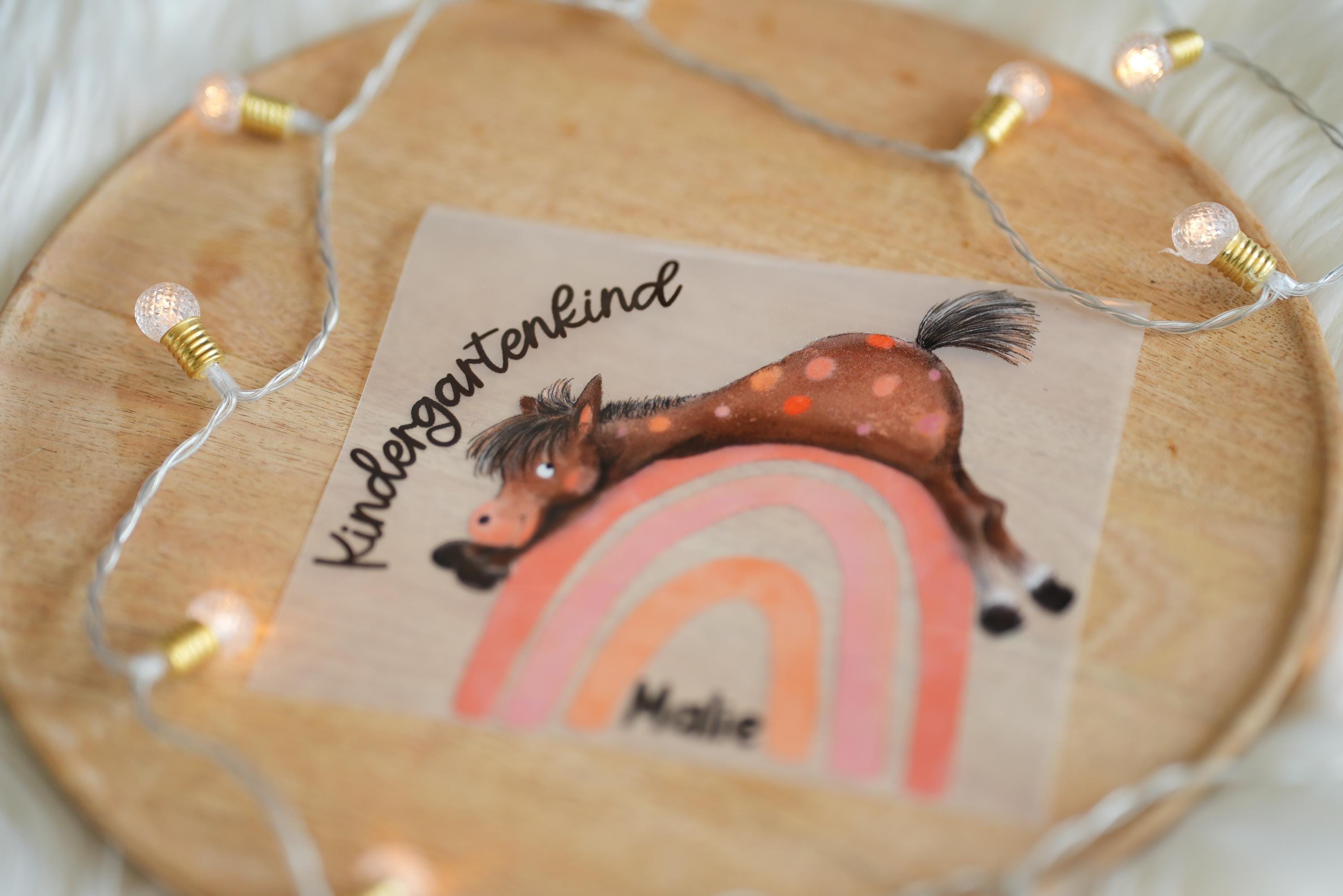 Bügelbild garten personalisiert – Pferd & Regenbogen – Name und Alter – für zum Kita-Start – A4 oder A5 – Appliques & Patches