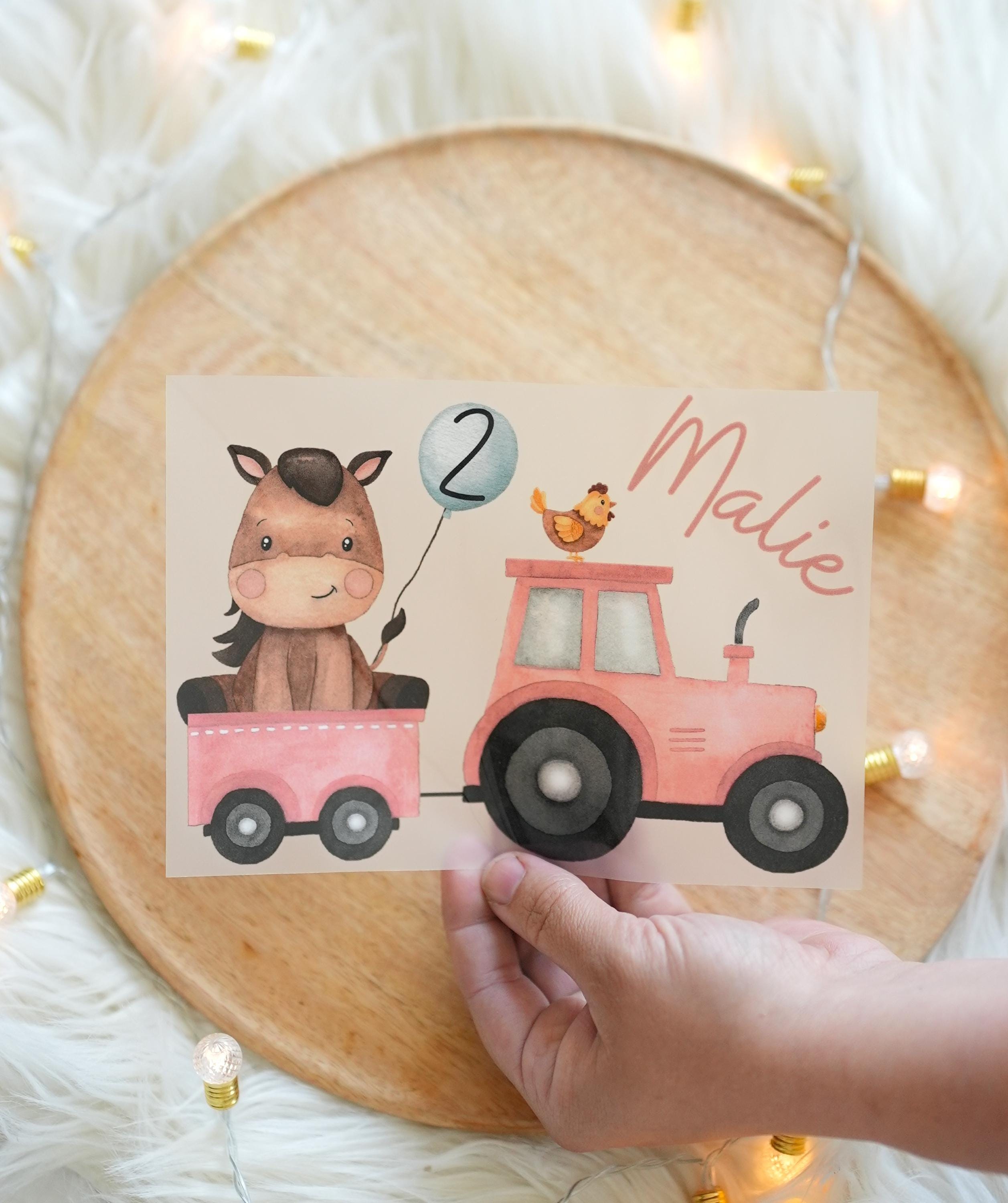 Bügelbild rosa Traktor mit Pferd – personalisiert mit Name – Bauernhof-Motiv für – Geburtstagsshirt A4/A5 – Appliques & Patches