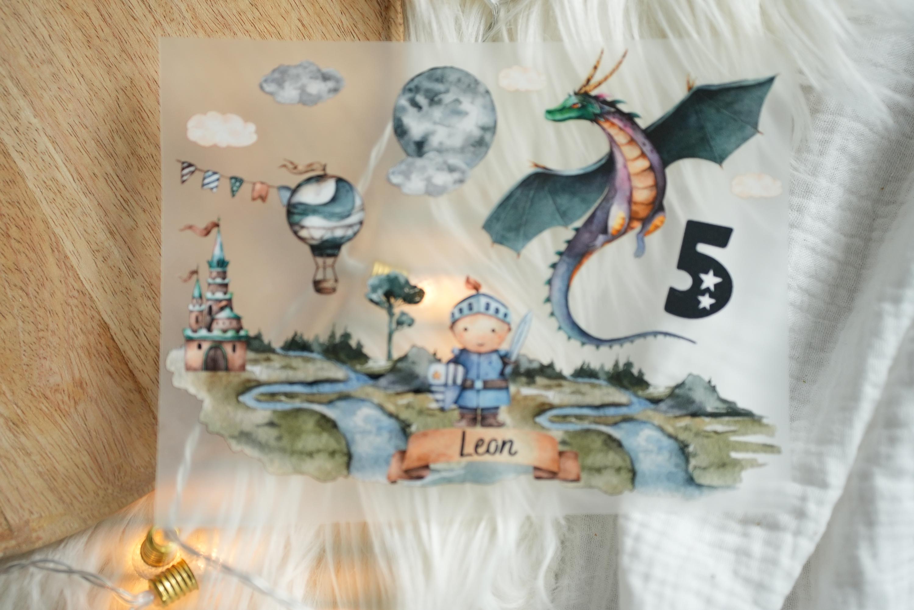 Bügelbild Ritter & Drache personalisiert – mit Name und Alter – Aufbügler für – Geburtstag Einschulung n – Appliques & Patches