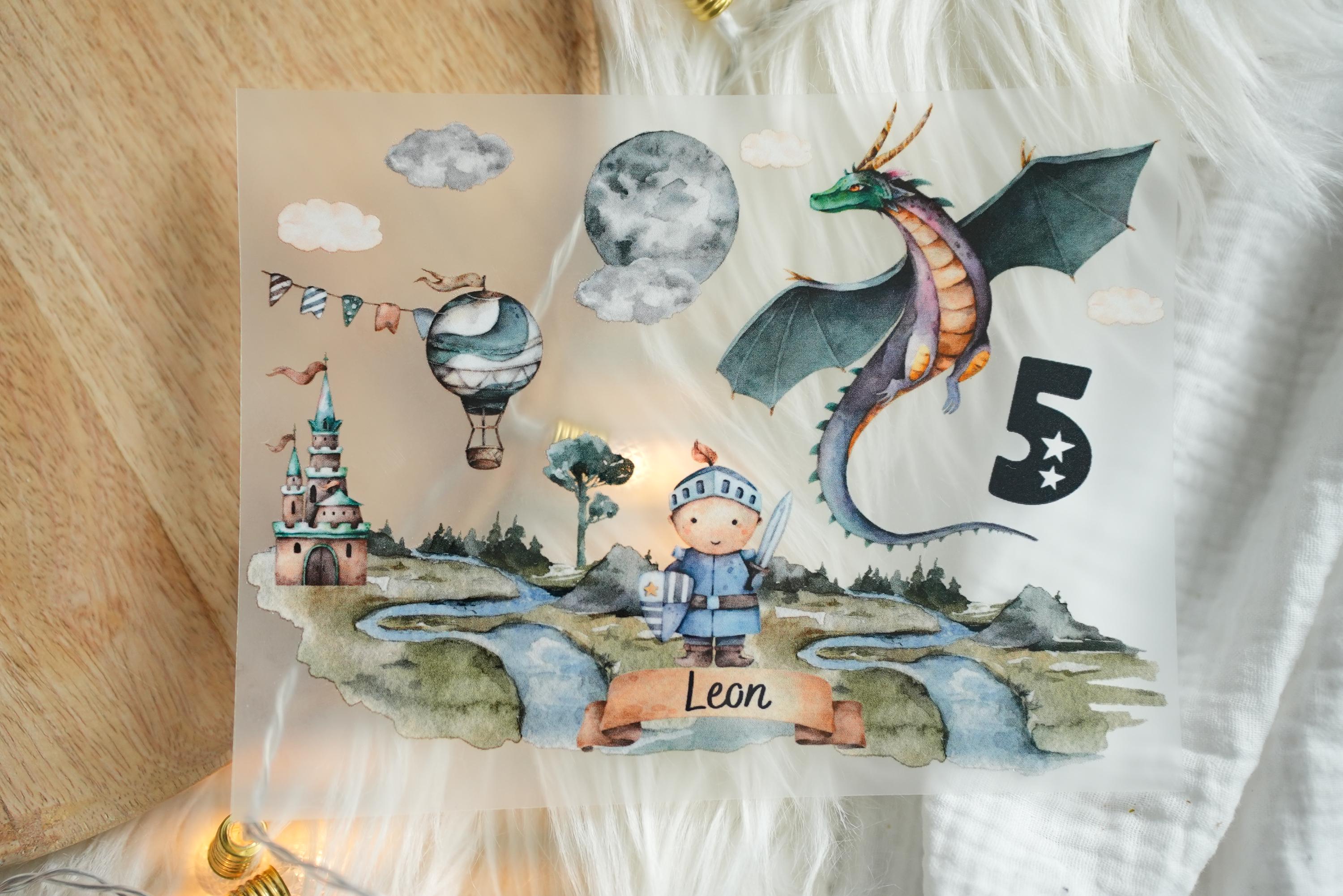 Bügelbild Ritter & Drache personalisiert – mit Name und Alter – Aufbügler für – Geburtstag Einschulung n – Appliques & Patches