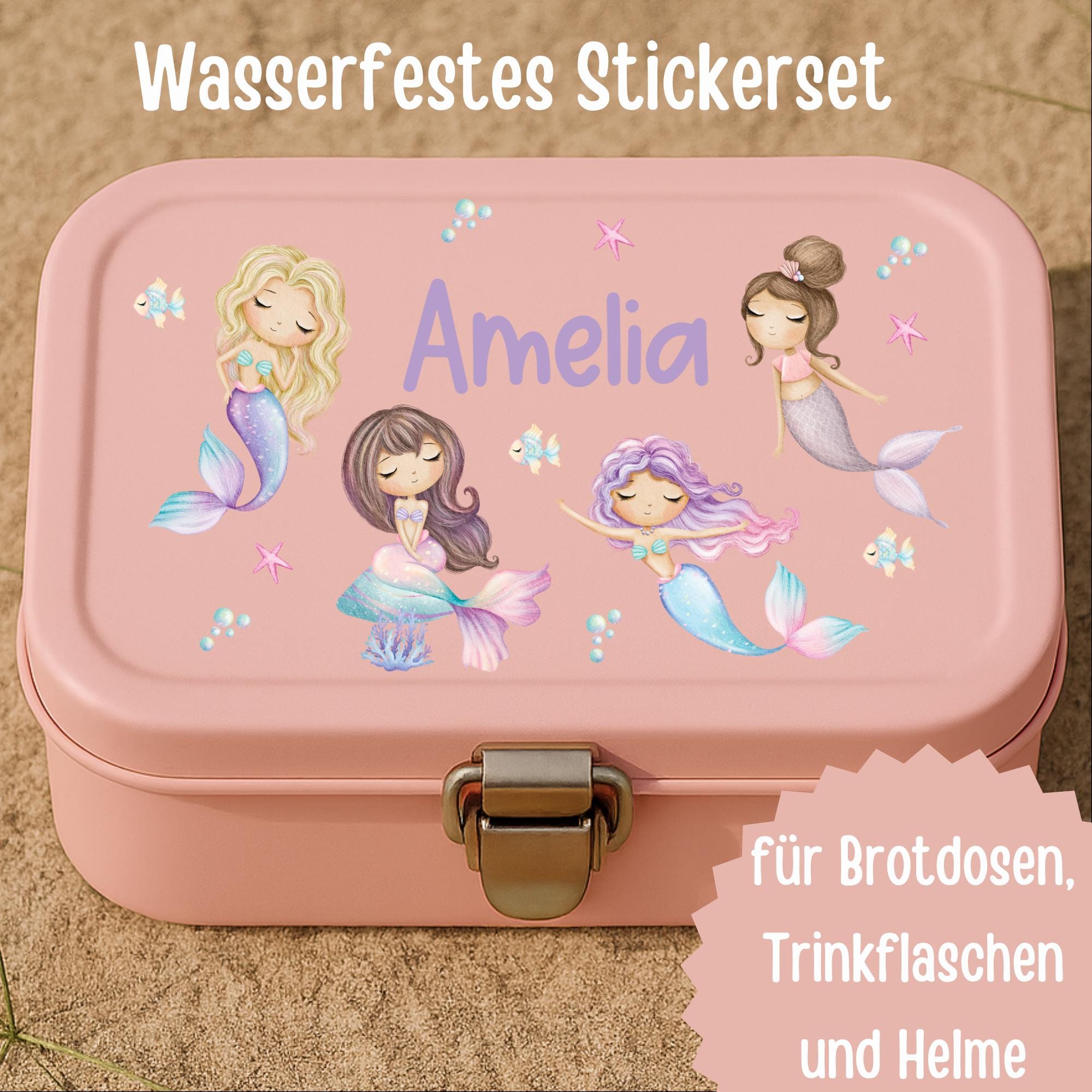 Meerjungfrau Sticker mit Namen – personalisierte Aufkleber für – spülmaschinenfest & wasserfest – für Brotdose, Kita, Flasche – Stickers