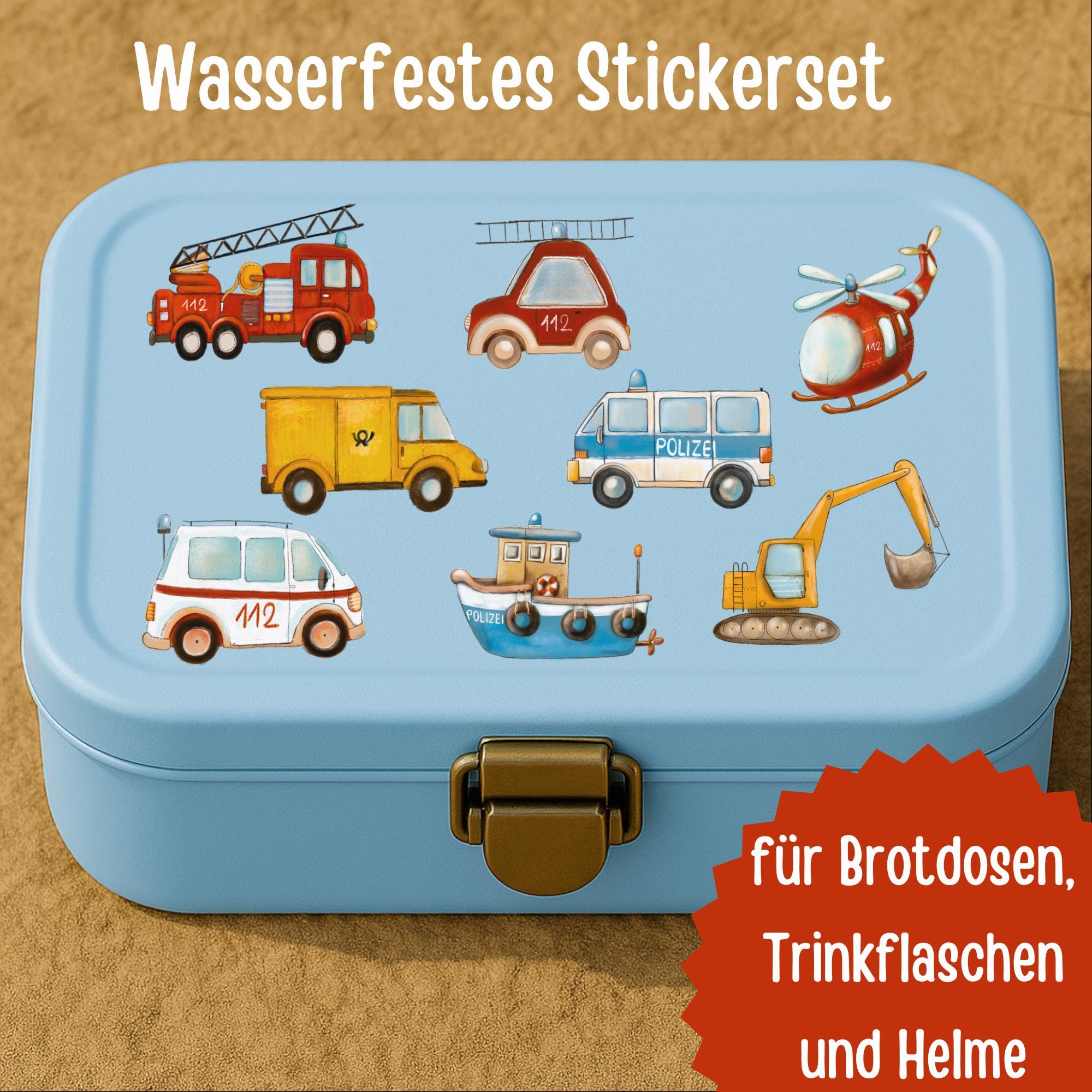 Fahrzeug-Sticker Set für – wasserfest & spülmaschinenfest – Polizei, Feuerwehr, Bagger – für Brotdose, Flasche und Kita – Stickers