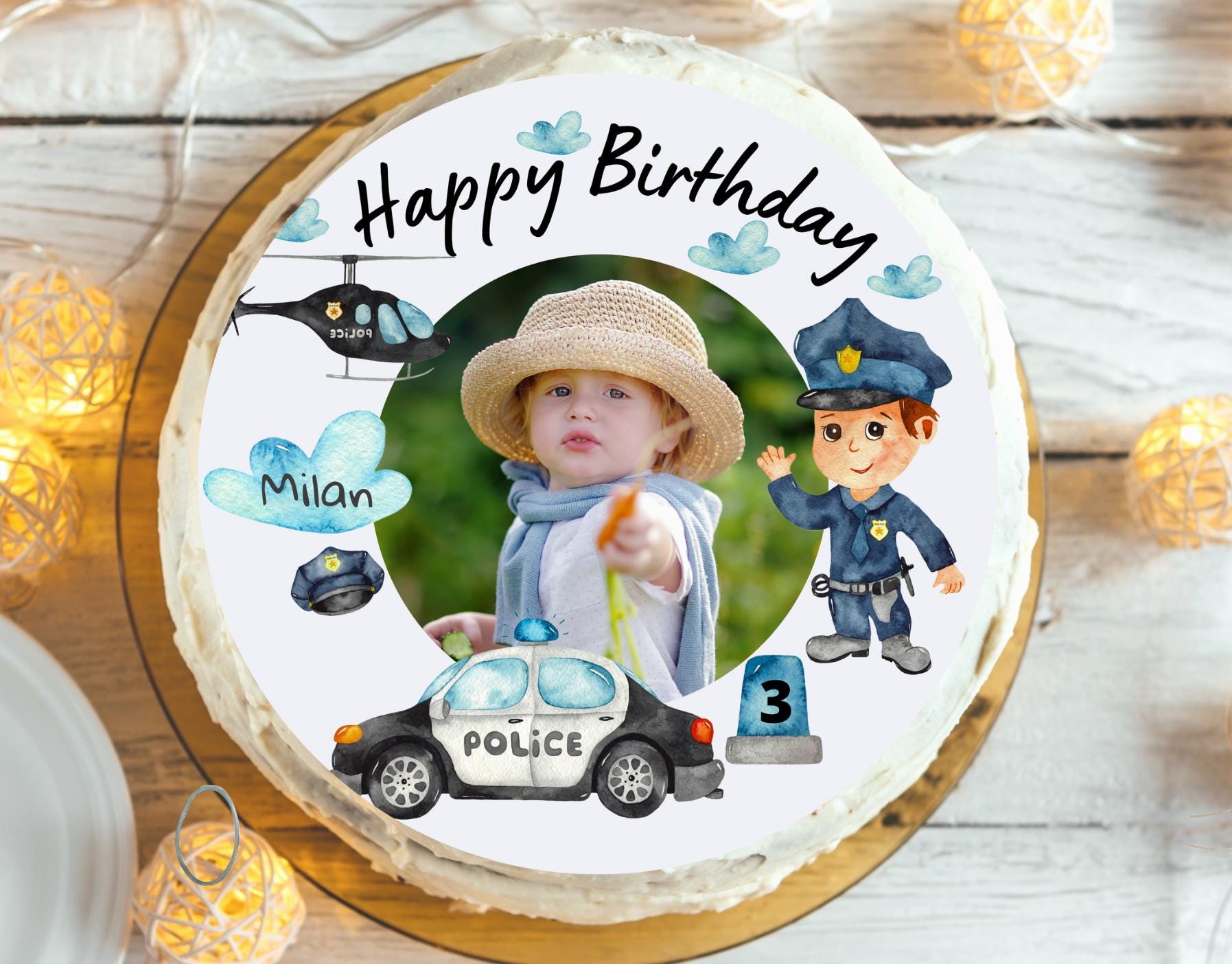 Polizei Tortenaufleger personalisiert mit Foto – essbares aus Fondant Ø20cm – geburtstag – vegan & glutenfrei – laktosefrei – Party Decor