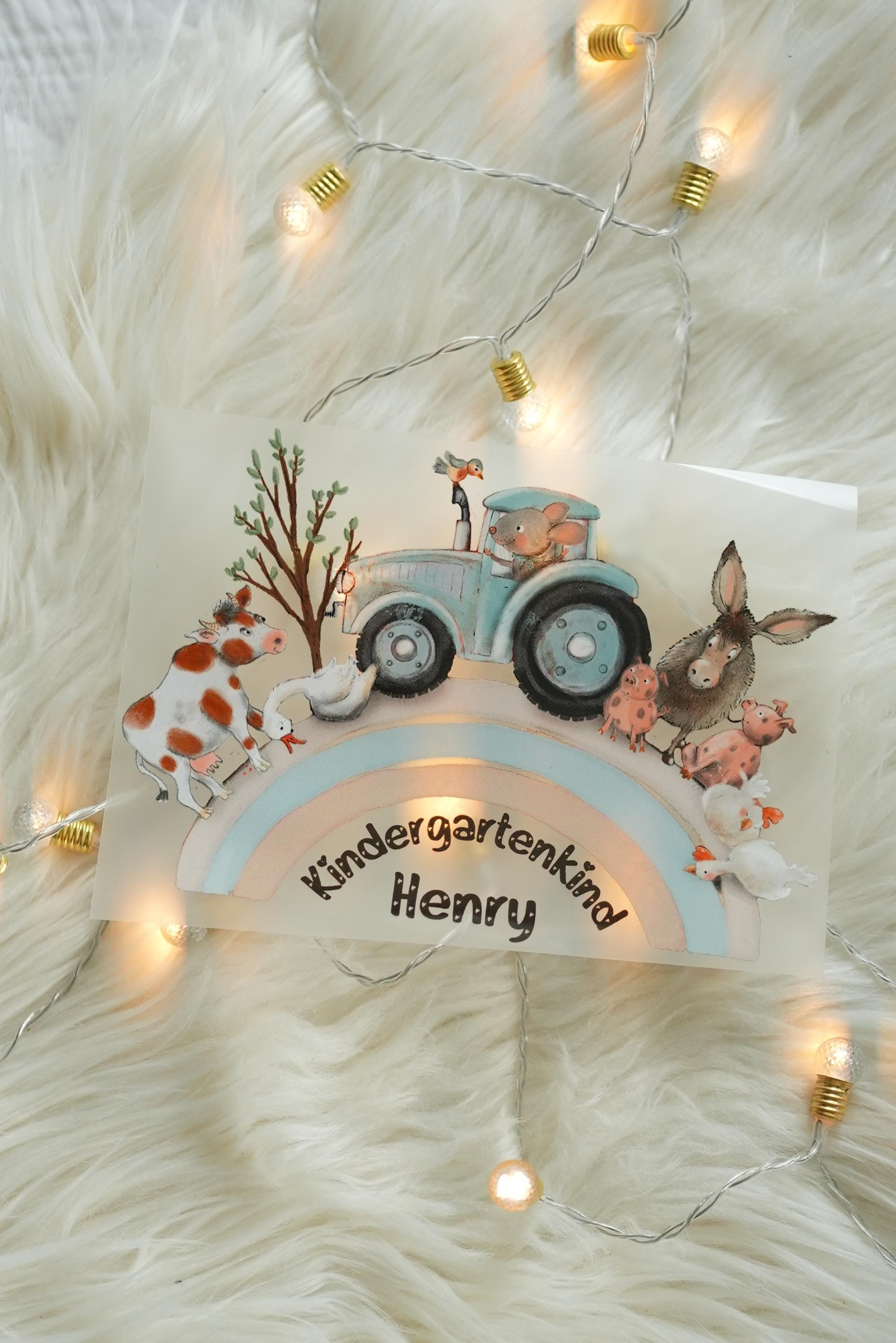 Bügelbild gartenstart – mit Name & Alter – Traktor, Bauernhof, Regenbogen – personalisiert für n und – A5 oder A4 – Appliques & Patches