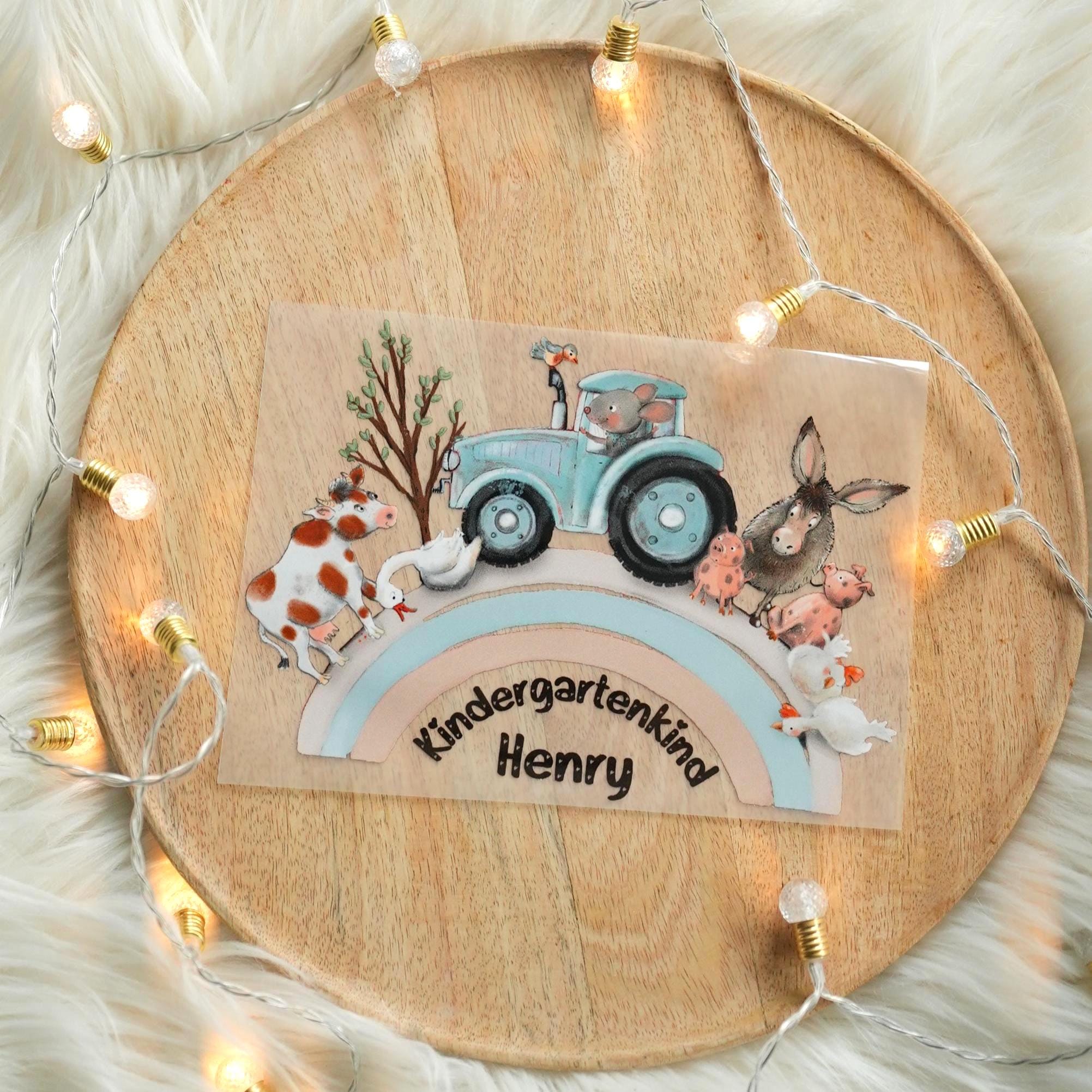 Bügelbild gartenstart – mit Name & Alter – Traktor, Bauernhof, Regenbogen – personalisiert für n und – A5 oder A4 – Appliques & Patches