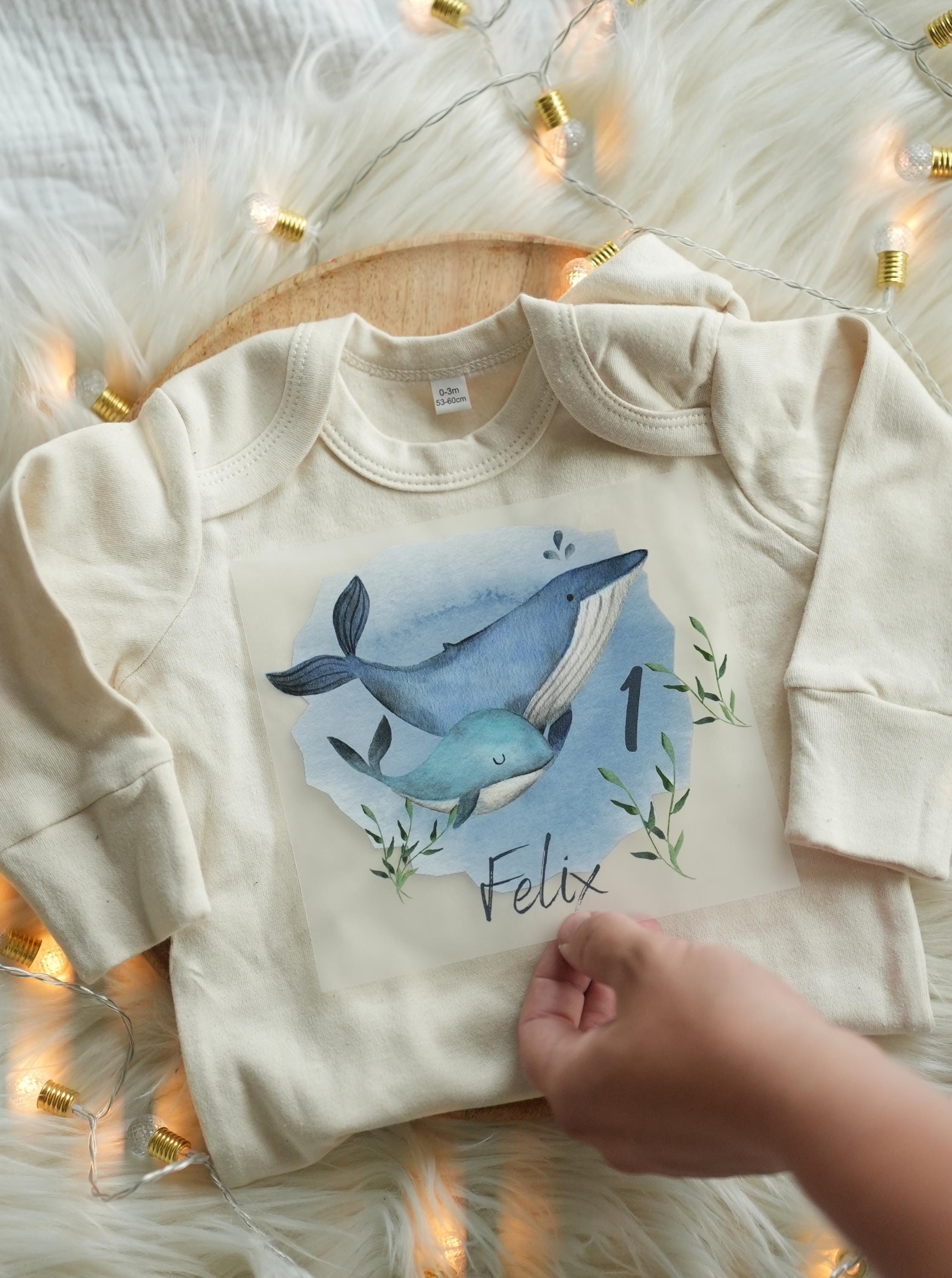 Bügelbild Wal personalisiert – mit Name & Alter – DIY-Motiv für Geburtstagsshirts – maritime Aufbügler A4/A5 – Appliques & Patches