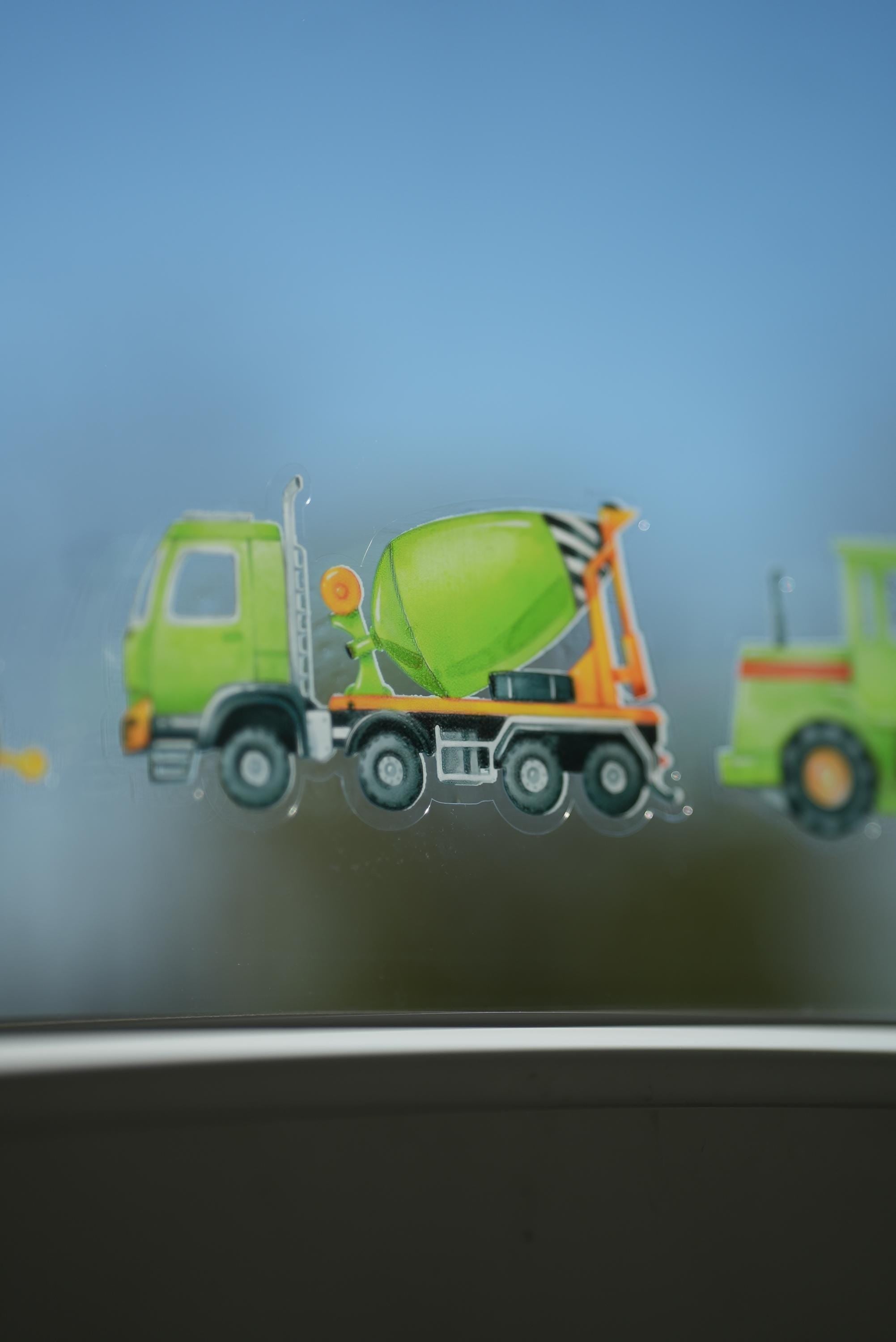 Fensterbild Bagger grün – Traktor Fenstersticker zimmer – Baustellenfahrzeuge statisch haftend –