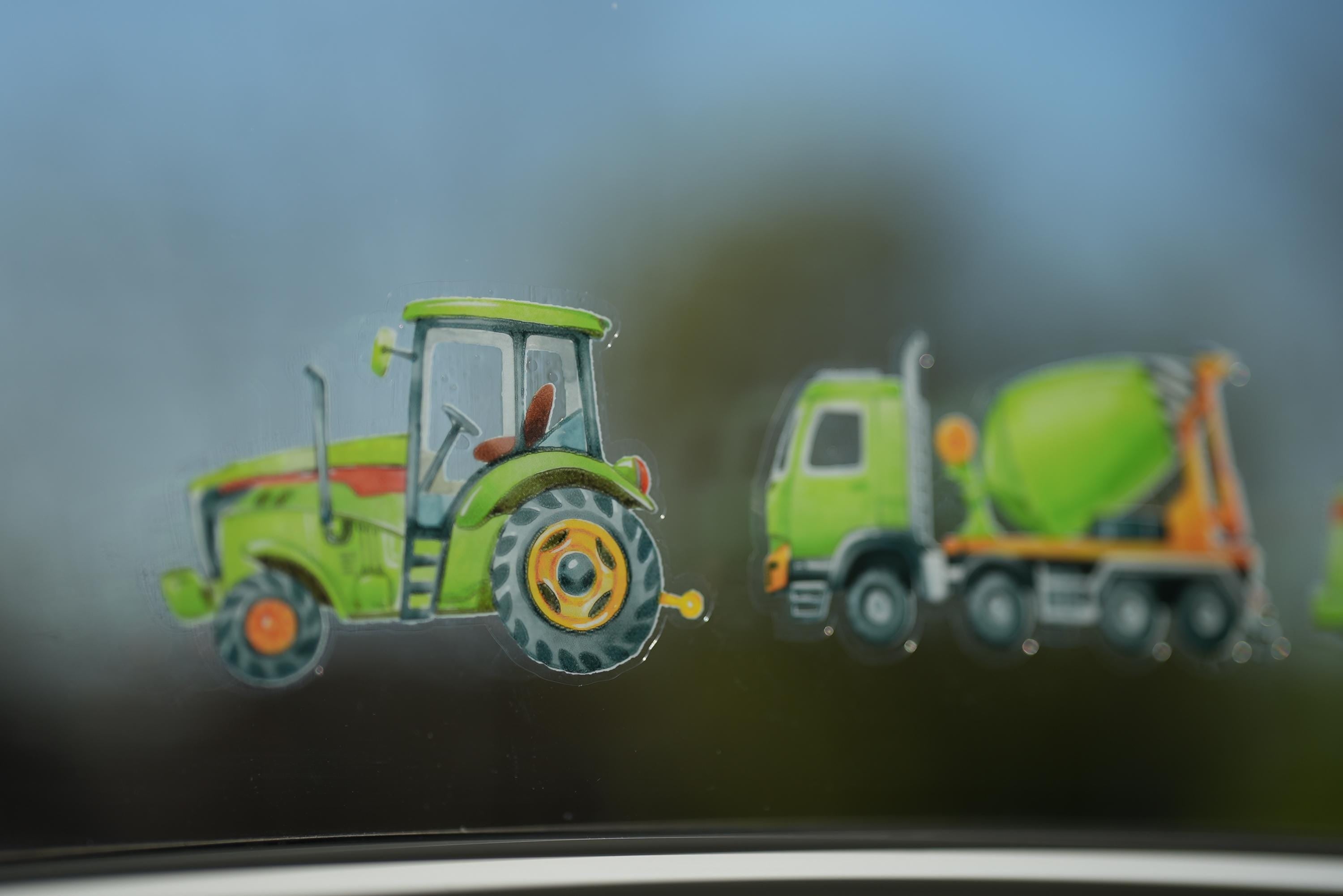 Fensterbild Bagger grün – Traktor Fenstersticker zimmer – Baustellenfahrzeuge statisch haftend –