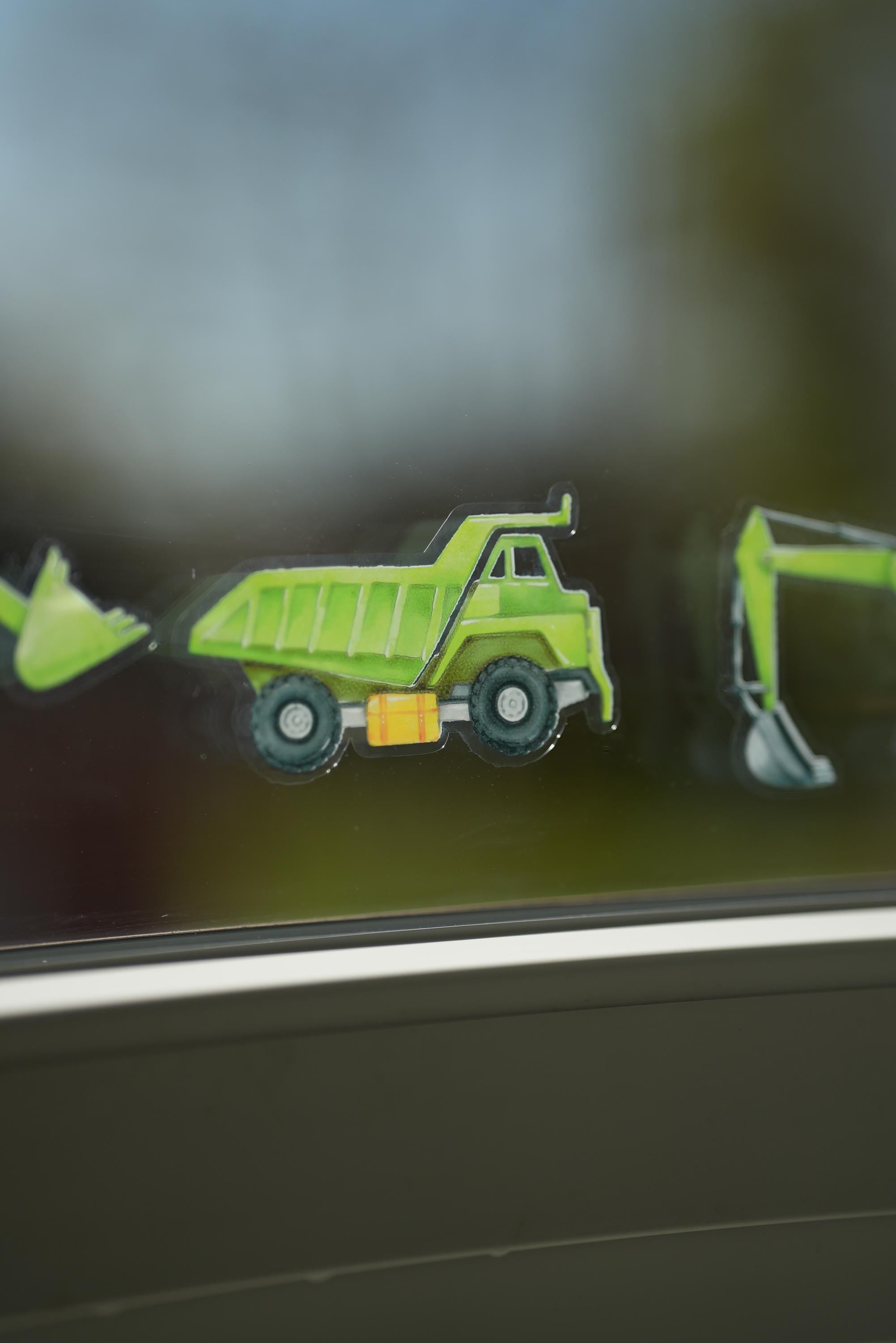 Fensterbild Bagger grün – Traktor Fenstersticker zimmer – Baustellenfahrzeuge statisch haftend –