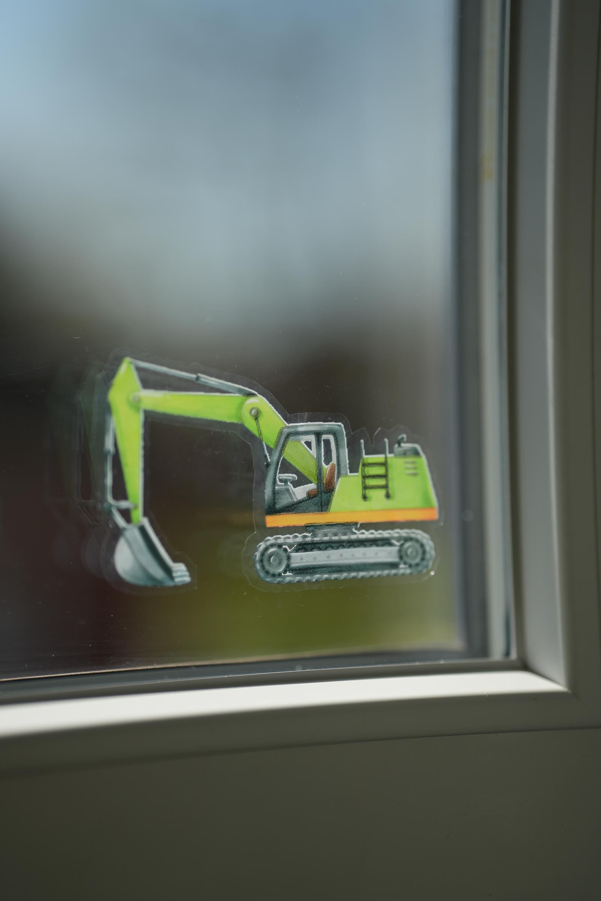 Fensterbild Bagger grün – Traktor Fenstersticker zimmer – Baustellenfahrzeuge statisch haftend –