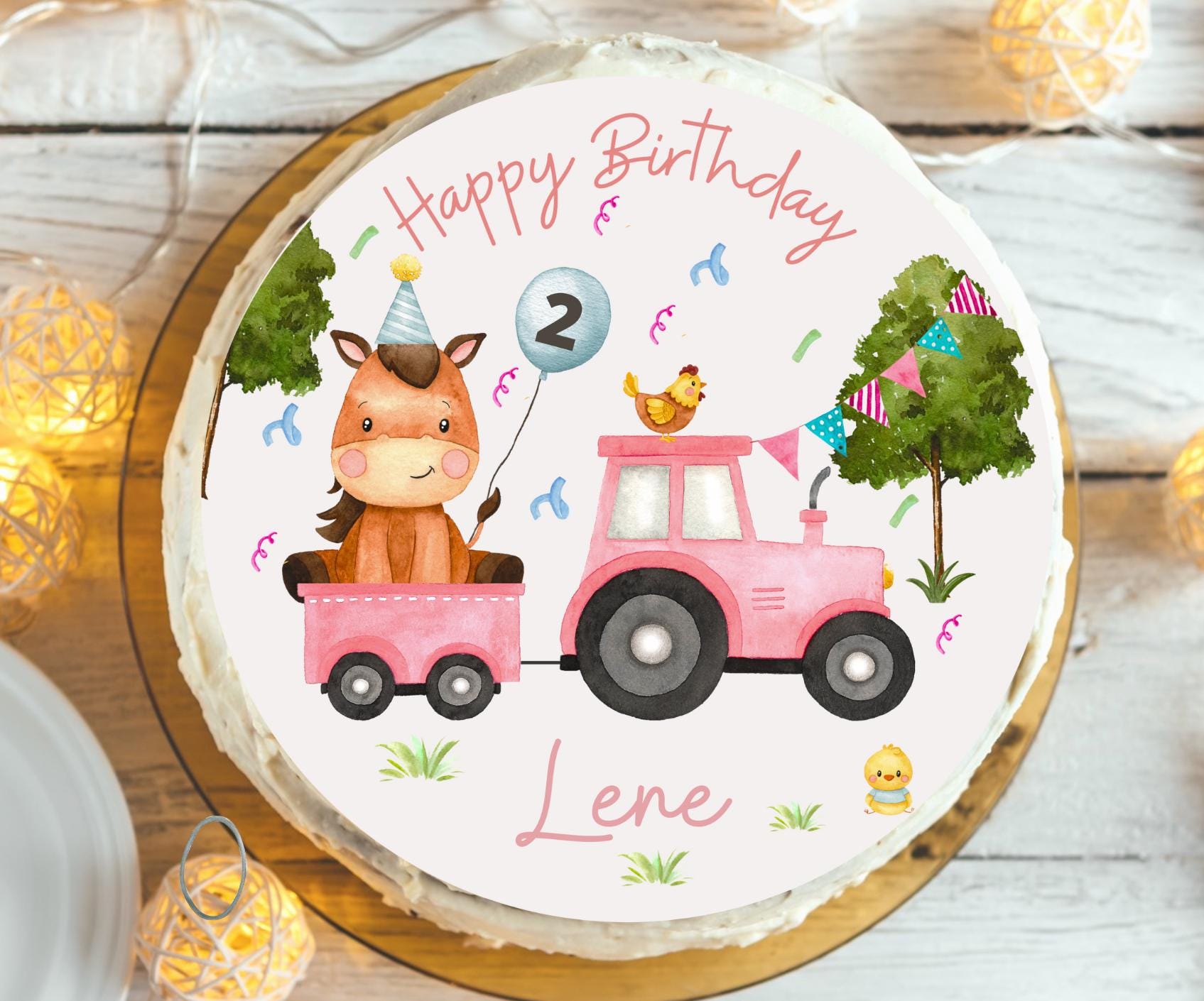 Tortenaufleger rosa Traktor personalisiert – mit Pferd – Fondant geburtstag – Mottoparty Bauernhof – Party Decor