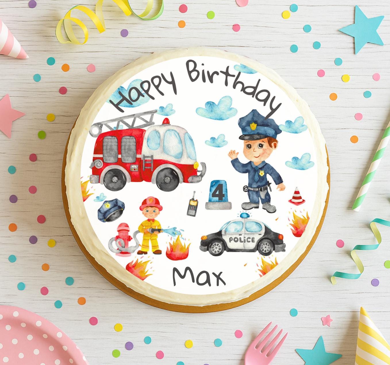 Tortenaufleger Polizei Feuerwehr – personalisiert mit Name & Alter – Fondant Ø20 cm – geburtstag Fahrzeuge Deko essbar – Party Decor