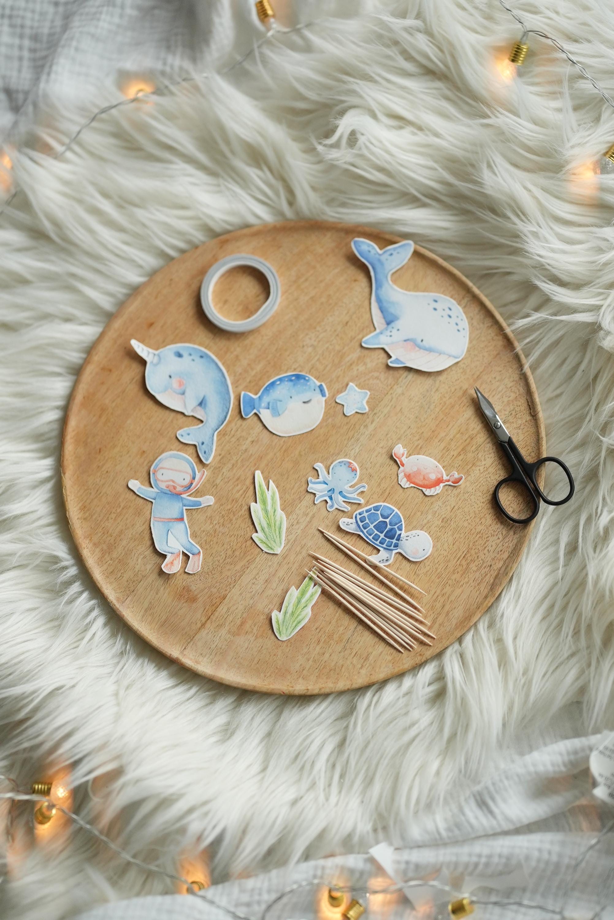 DIY Caketopper Meerestiere Bastelset – Torten Deko geburtstag – Narwal, Krabbe, Wal, Oktopus, Unterwasser Deko zum Ausschneiden – Party Decor