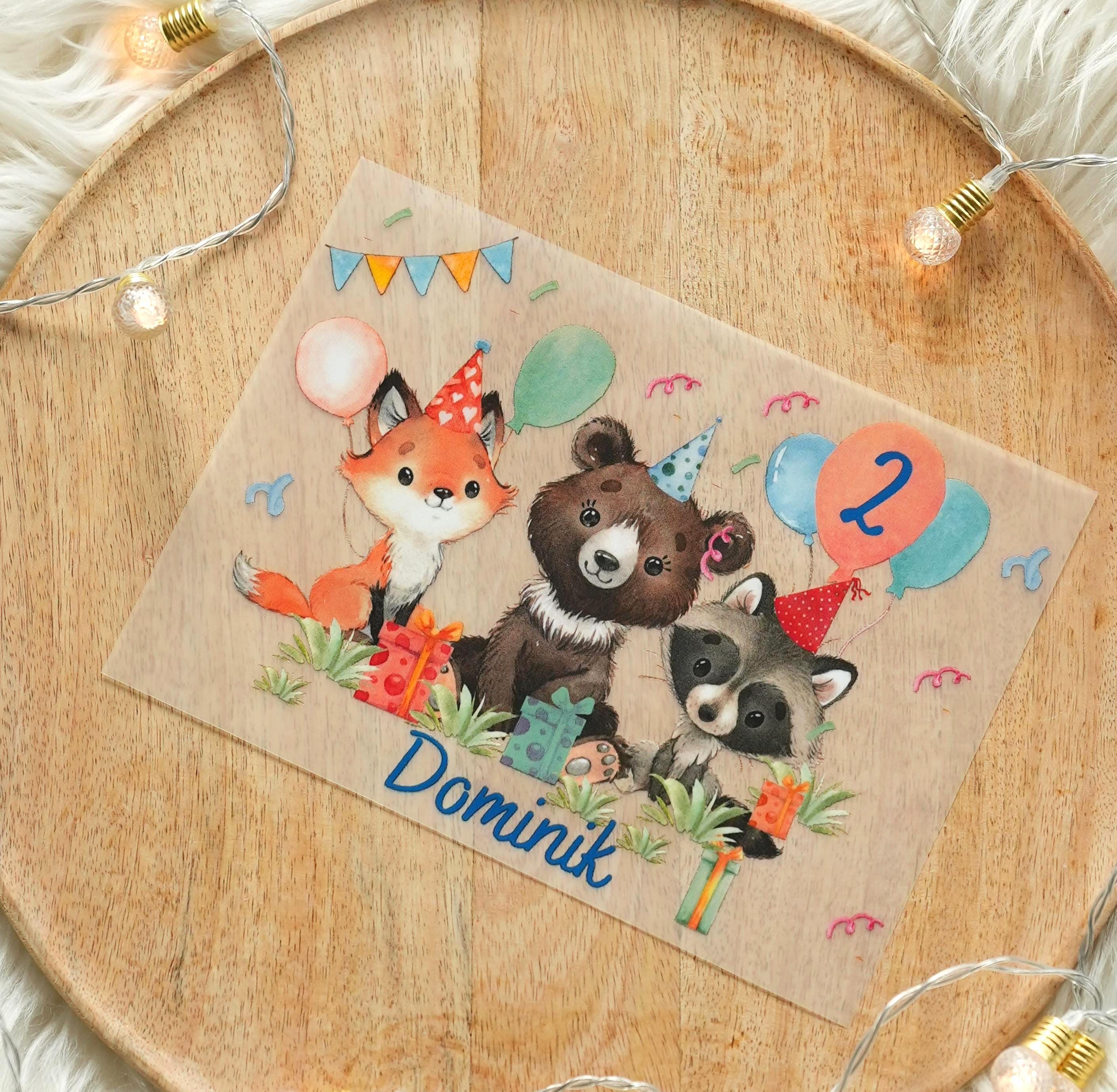 Bügelbild Waldtiere mit Name & Alter – personalisiert – Fuchs Bär Waschbär – Geburtstagsshirt – A4/A5 – Appliques & Patches