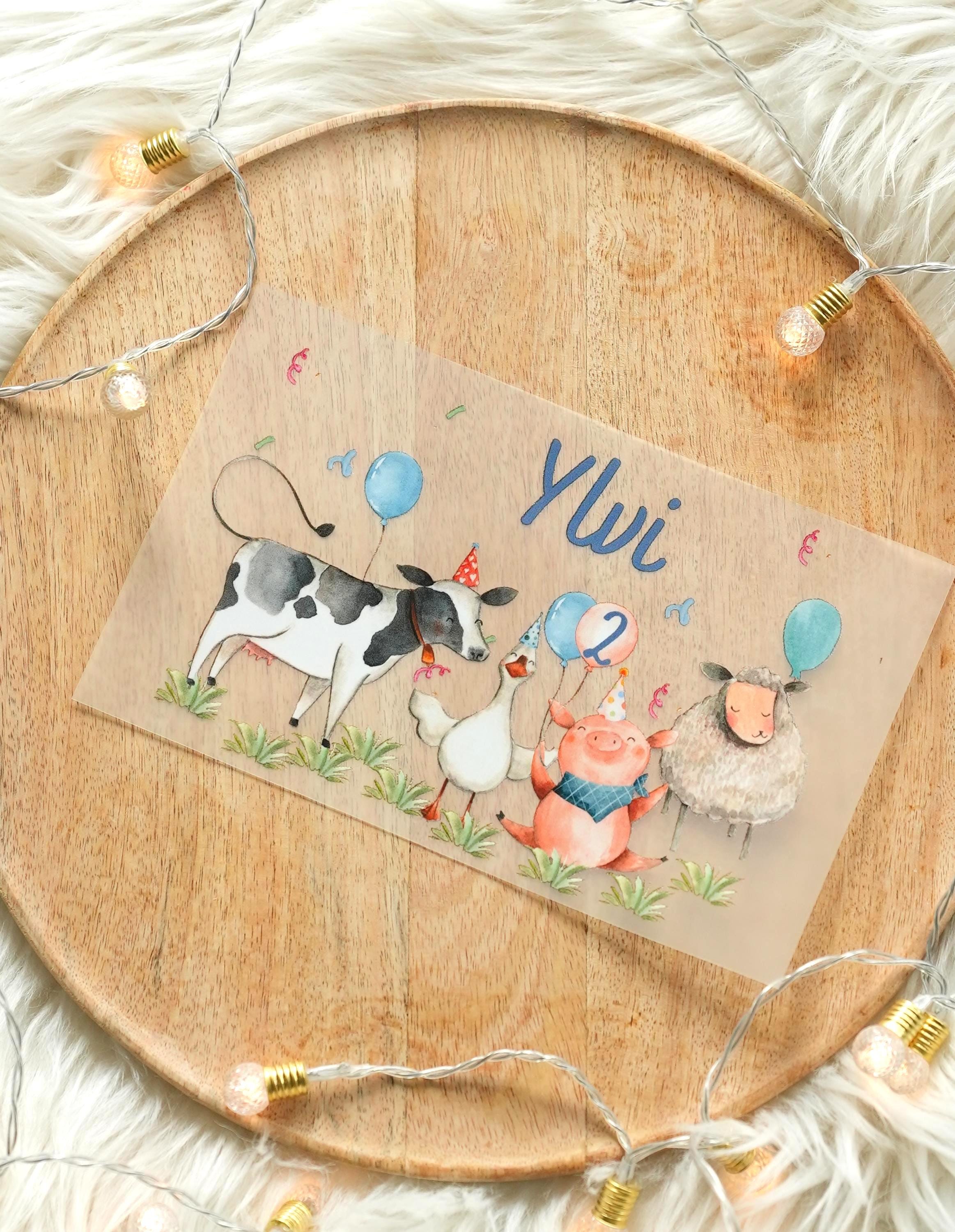 Bügelbild Bauernhof mit Name & Alter – personalisiert – Kuh Schaf Pferd – Geburtstagsshirt – A4/A5 – Appliques & Patches