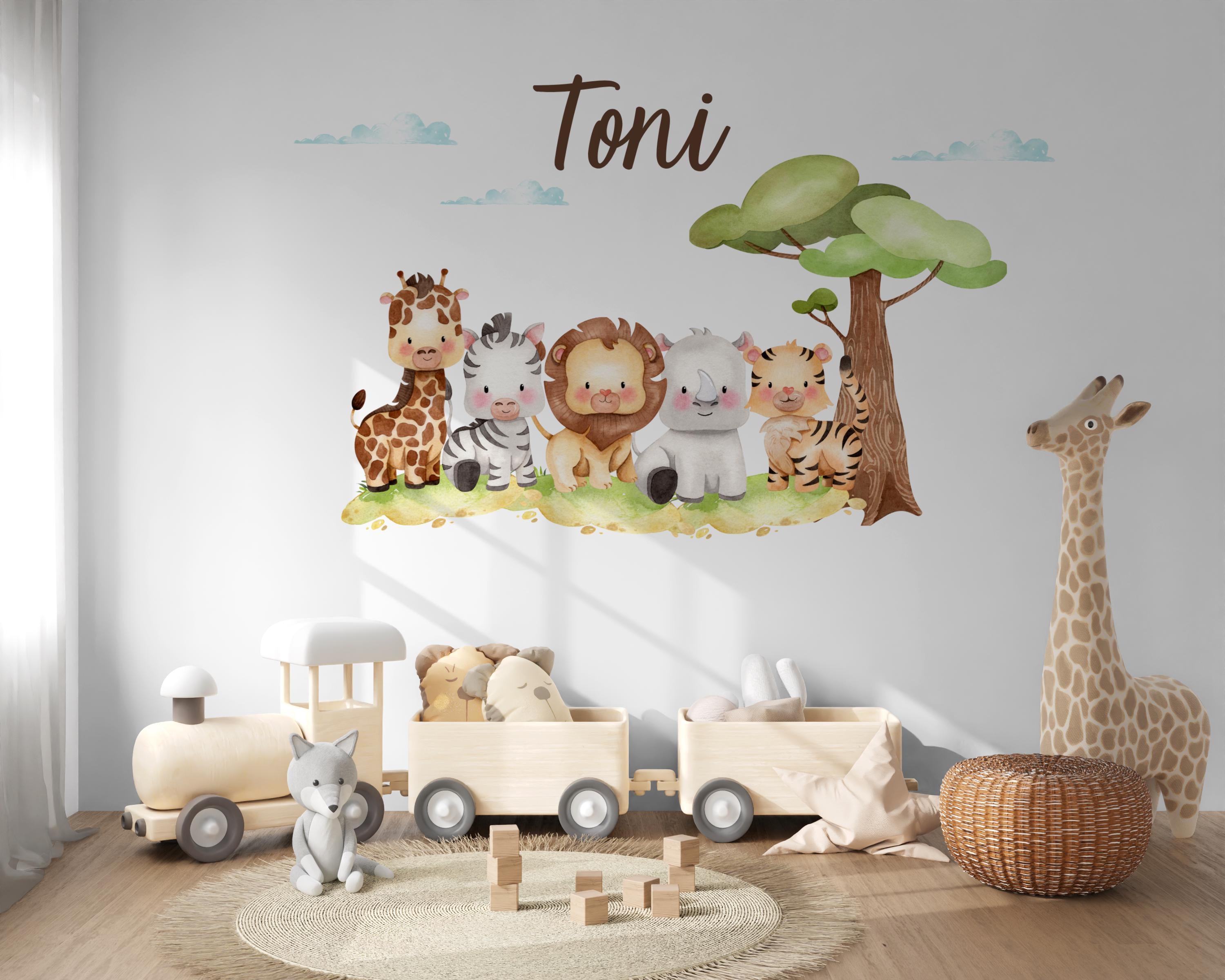 Wandtattoo Dschungeltiere mit Name – personalisiert für zimmer – Safari Wanddeko mit Löwe, Zebra, Giraffe – Geschenk zur Geburt – Wall Decals & Murals