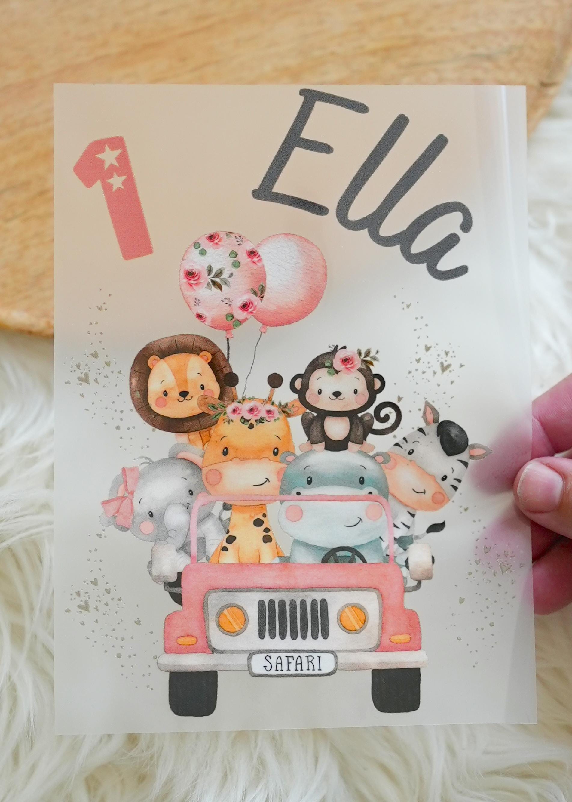 Bügelbild rosa Wild One Geburtstag personalisiert – Safari Tiere Luftballons Name & Zahl – Dschungel Shirt Aufbügler – Appliques & Patches