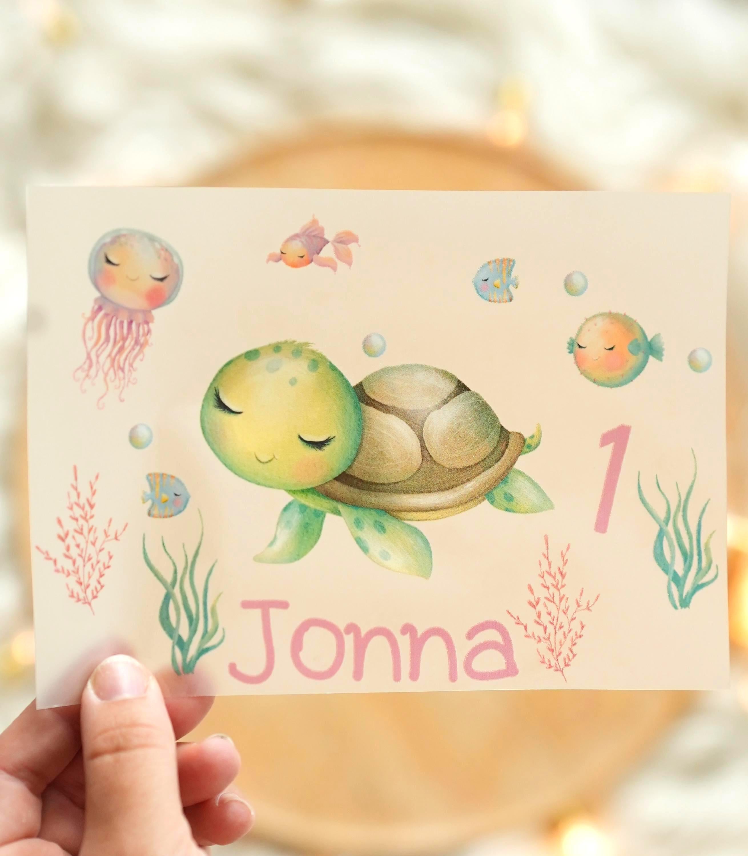 Bügelbild Meeresschildkröte personalisiert – mit Name & Zahl – pastell Aquarell – DIY Geburtstagsshirt für – A5 oder A4 – Appliques & Patches