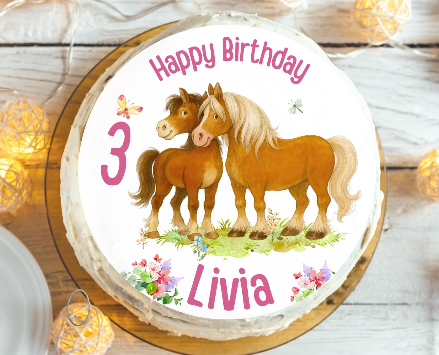 Tortenaufleger mit zwei Pferden – personalisiert mit Name & Zahl – Fondantbild Geburtstag – essbar – Ø 20 cm – Party Decor