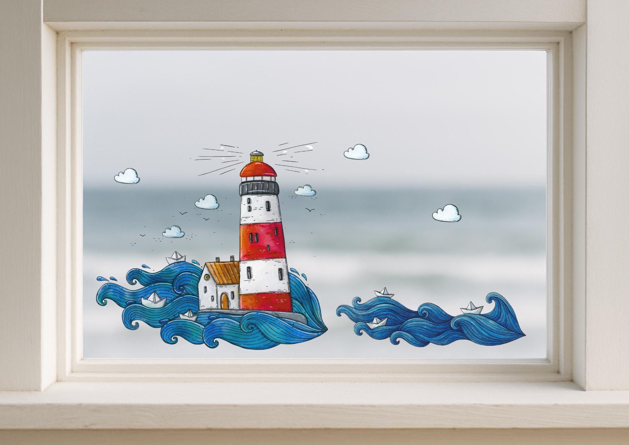 Fensterbild Leuchtturm – statisch haftend & ohne Kleber – maritime Fensterdeko Sommer – für Glastür, Fenster und Ferienhaus –