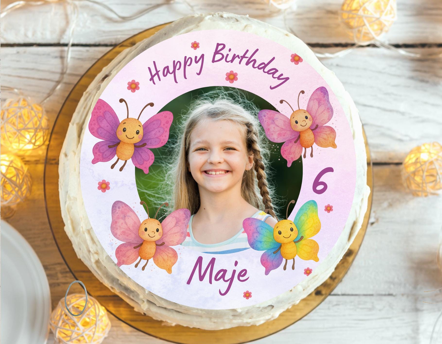 Tortenaufleger mit Foto – Schmetterling rosa/lila – personalisiert für Geburtstag oder Einschulung – aus Fondant – Party Decor