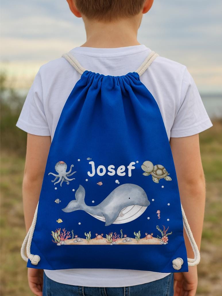Turnbeutel mit Name – Wal & Schildkröte – personalisiert – Meeres-Tiermotiv – Kita Beutel für – Wechselwäschebeutel – Team Sports & Gym Bags