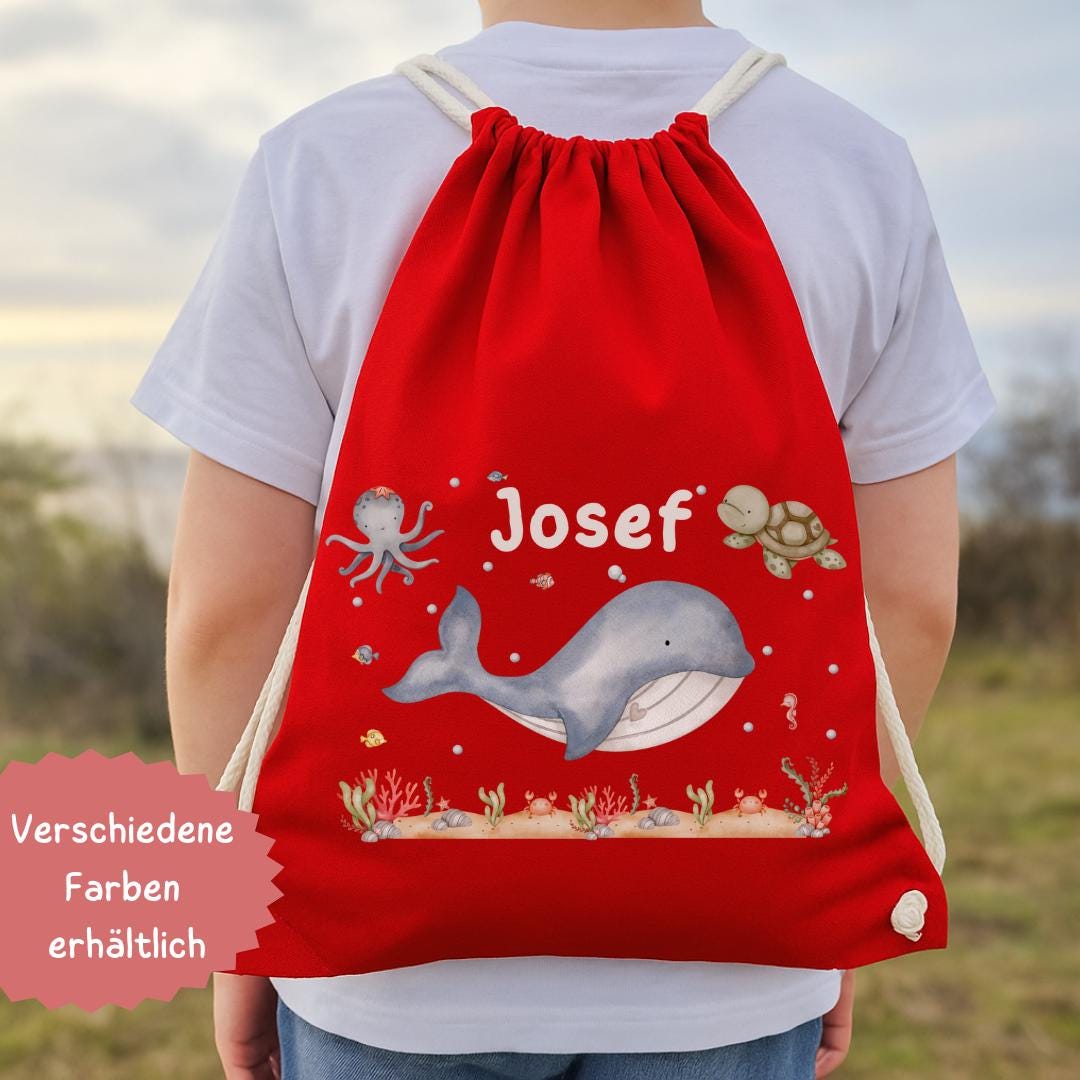 Turnbeutel mit Name – Wal & Schildkröte – personalisiert – Meeres-Tiermotiv – Kita Beutel für – Wechselwäschebeutel – Team Sports & Gym Bags