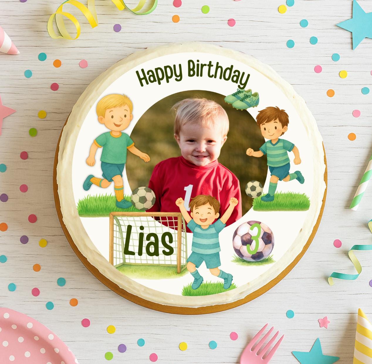 Tortenaufleger Fußball mit Foto – personalisiert für n – Fondant Geburtstag – Name & Alter – Party Decor