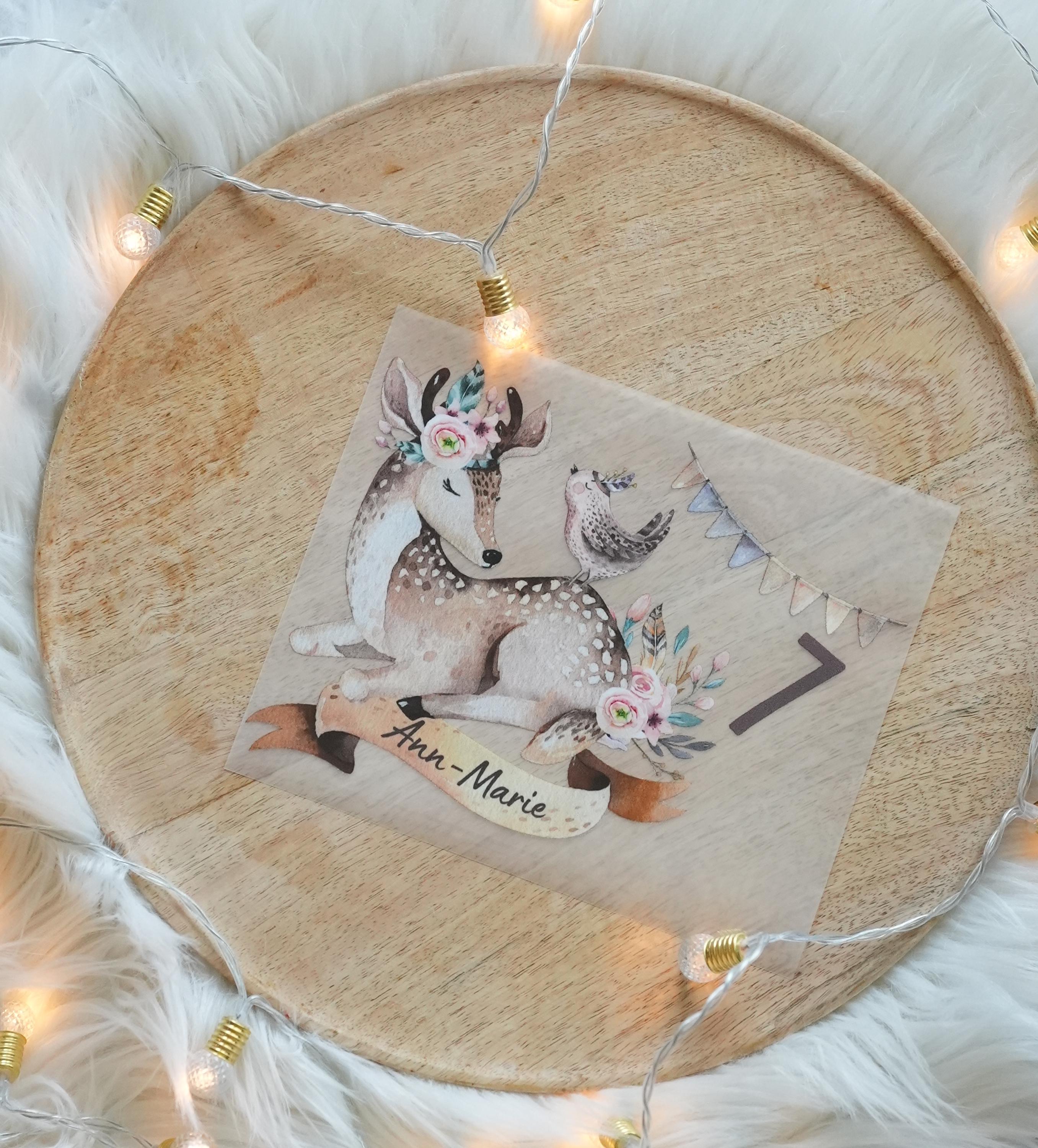 Bügelbild Reh mit Name & Zahl – Waldtiere Boho personalisiert – A4 A5 für Geburtstag – Appliques & Patches